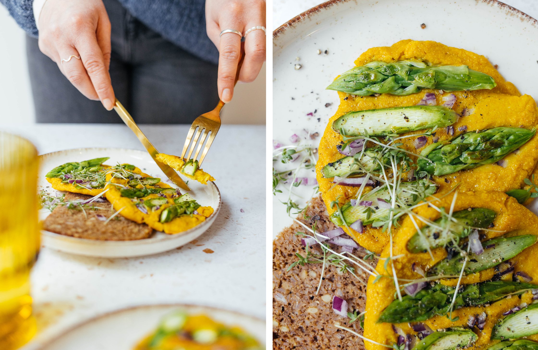 cutting vegan omelet from silken tofu with green asparagus; close up of vegan omelet with green asparagus