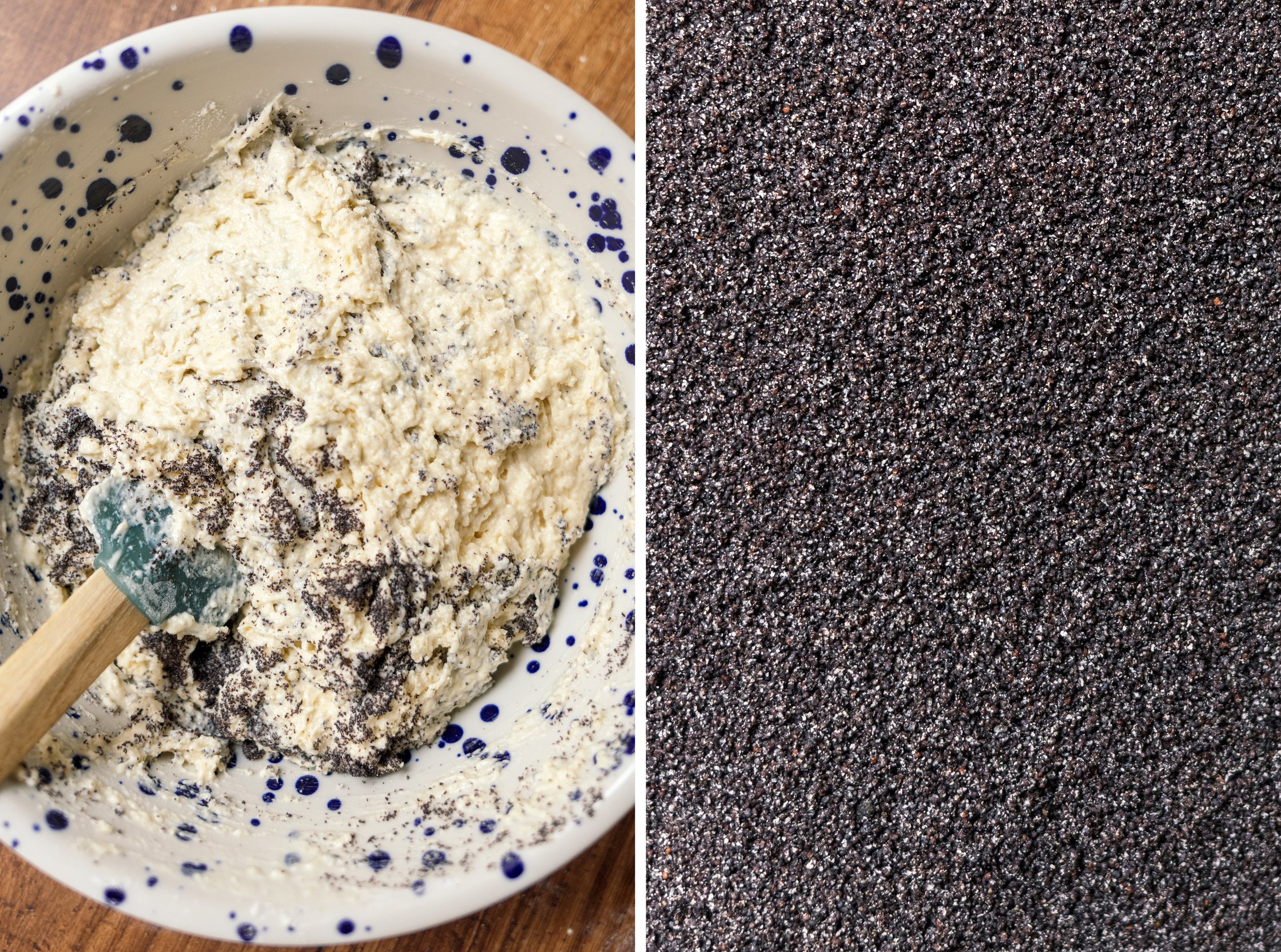 adding popping seeds to the batter of a Vegan Lemon Poppy Seed Cake