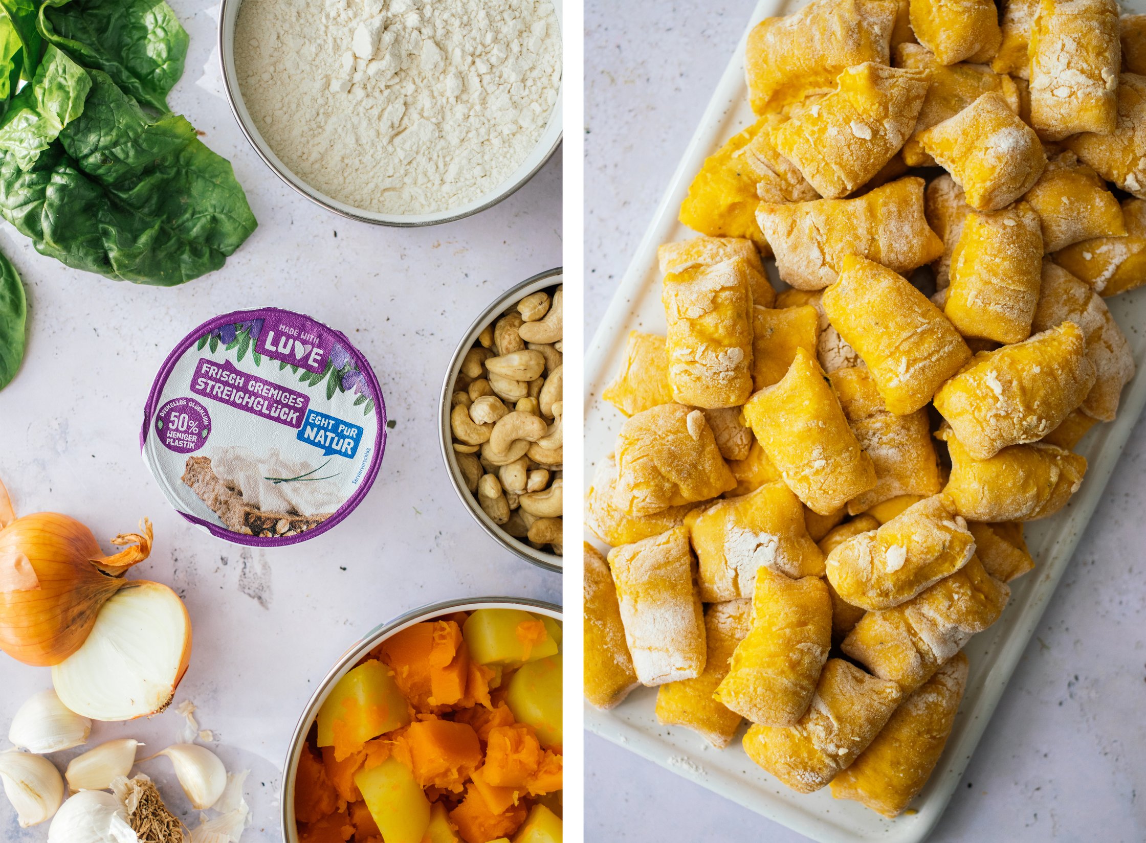 zutaten für Vegane Kürbisgnocchi mit cremiger Spinat-Frischkäse-Soße