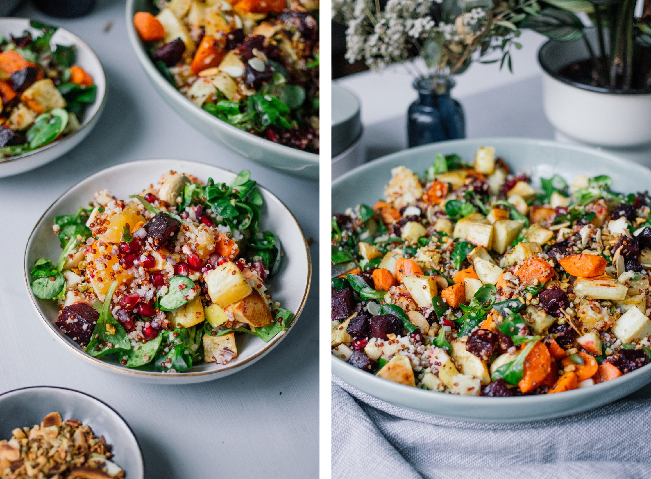 Winter Salad with Couscous, Quinoa, Roasted Veggies and Turmeric Dressing served in bowls