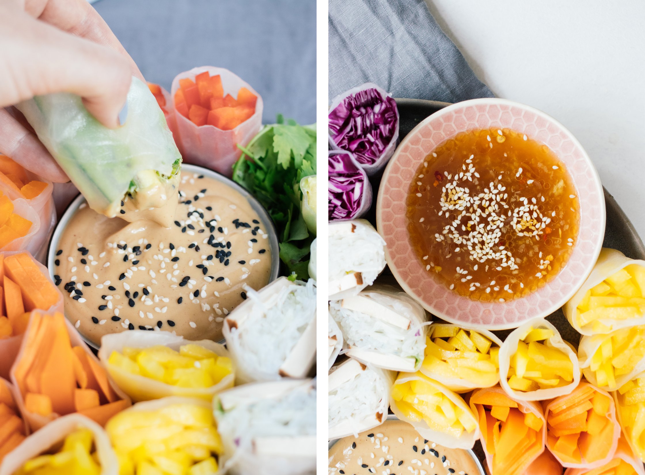 dipping vegan summer rolls in peanut dip and lime soy dip