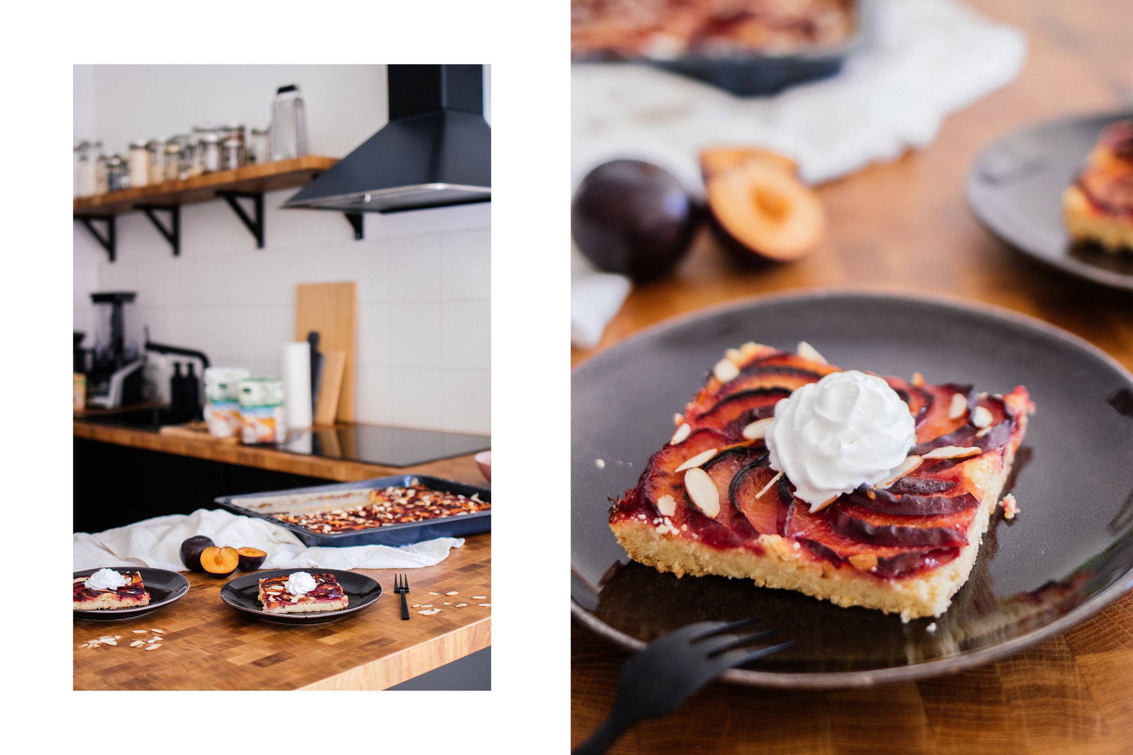 pflanzliche Sahne auf einem veganen Pflaumenkuchen
