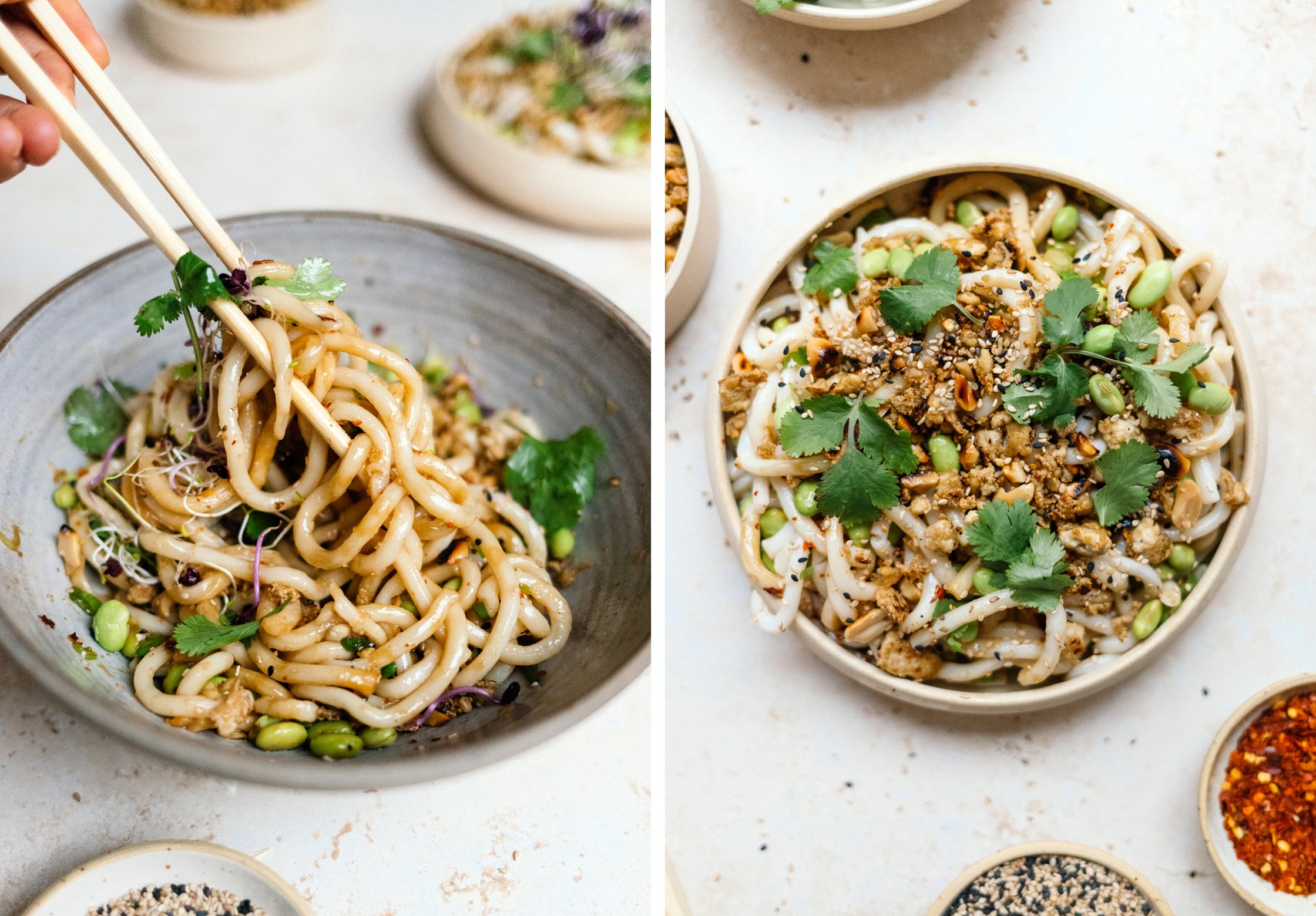 eating Hot Oil Udon Noodles with Crispy Crumbled Tofu