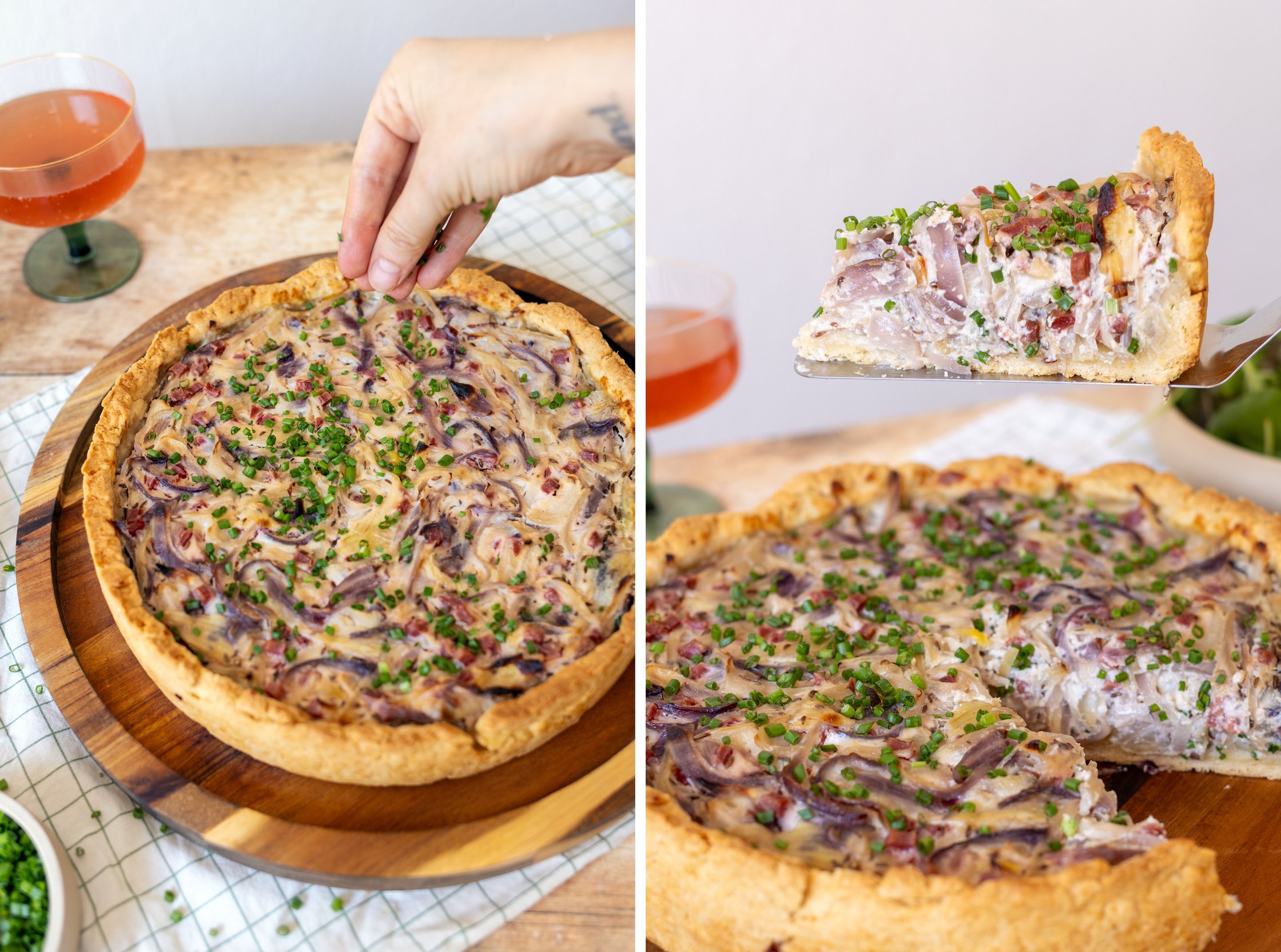 The onion tart is garnished with fresh parsley, and a piece is cut out.