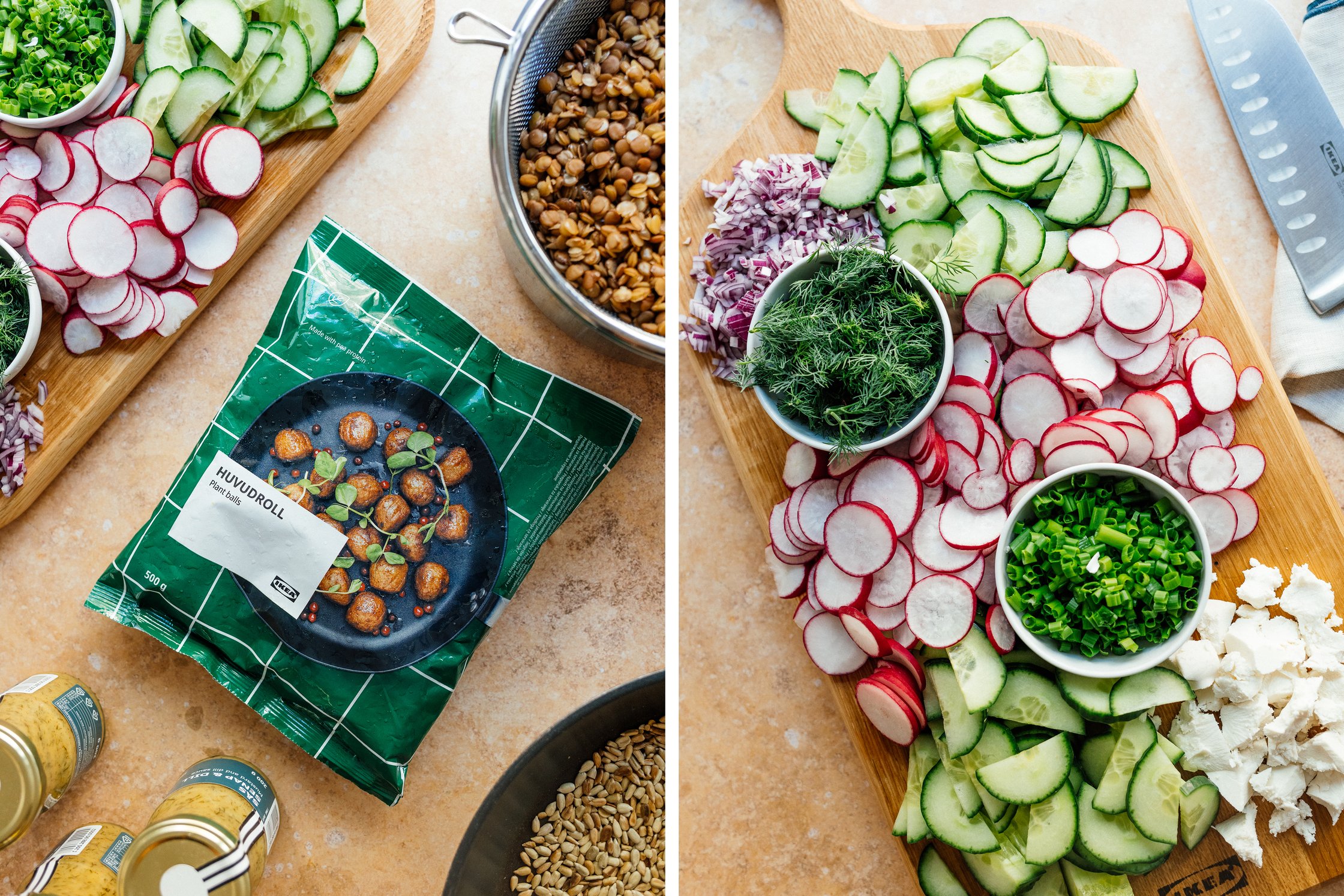 Zutaten für veganen Kartoffelsalat mit IKEA Plantbullar
