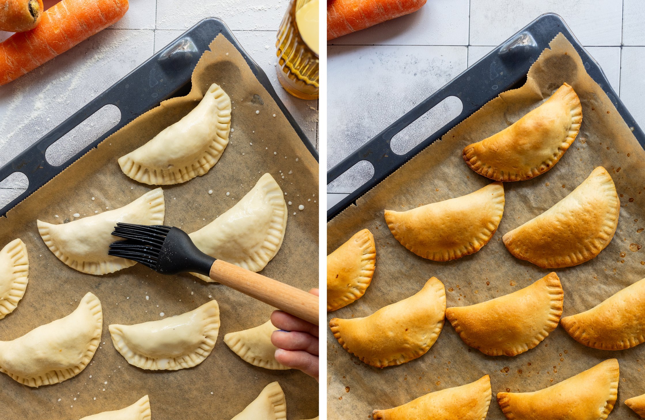 On the left the dumplings are brushed on the tray and on the right they are ready baked.