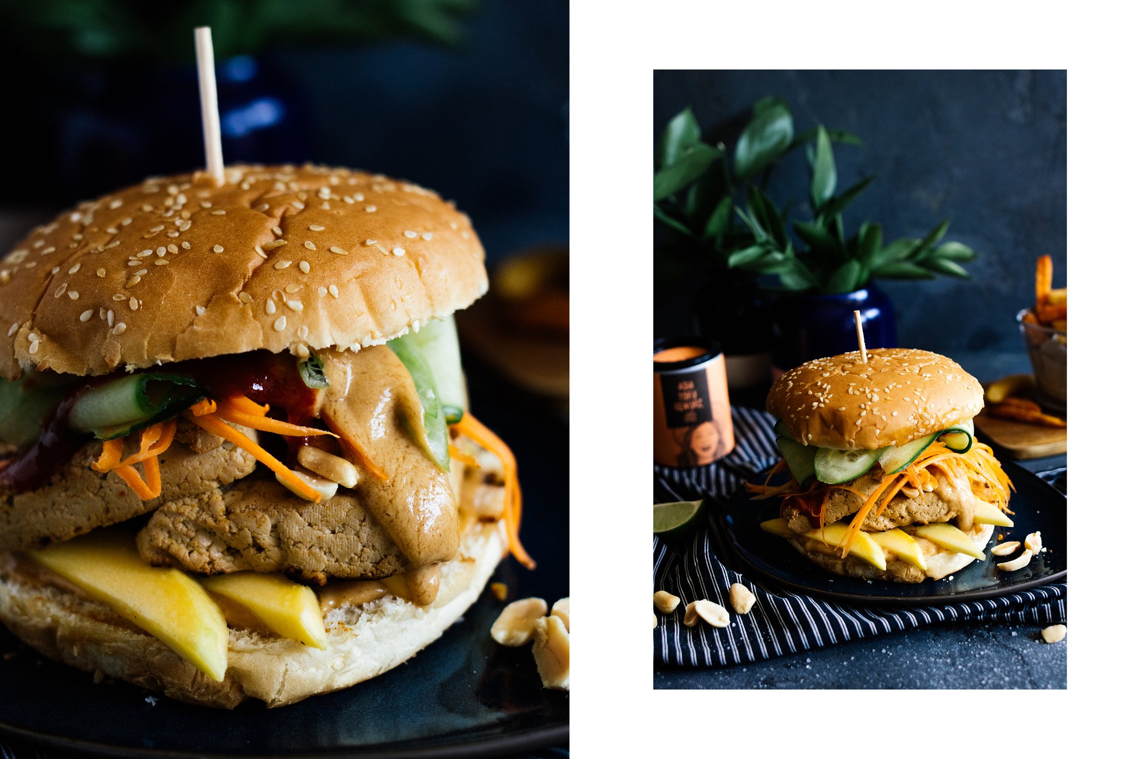 vegan burger with peanut sauce and tofu