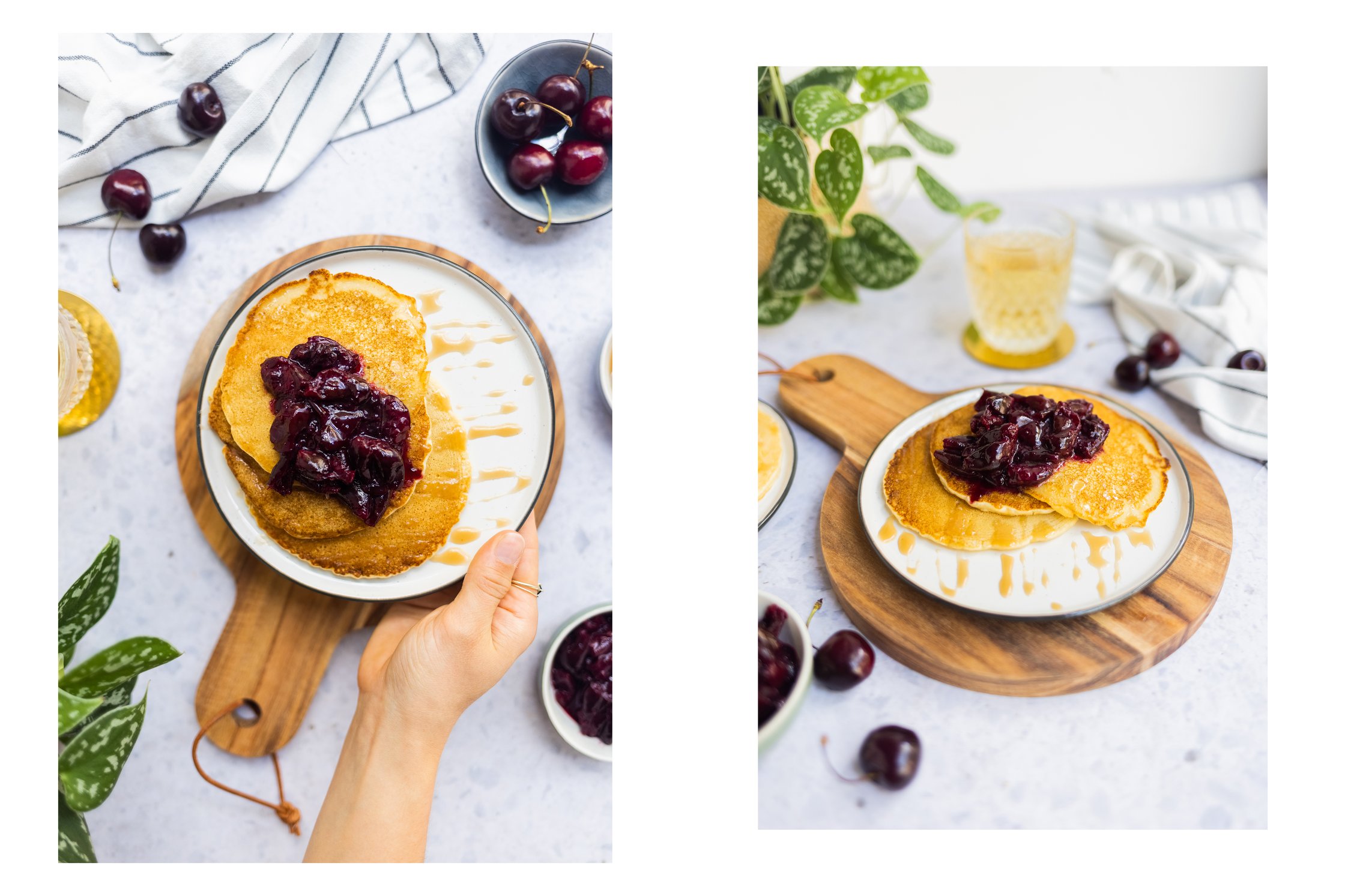 Vegan buttermilk blintzes with cherry compote on a plate with a hand