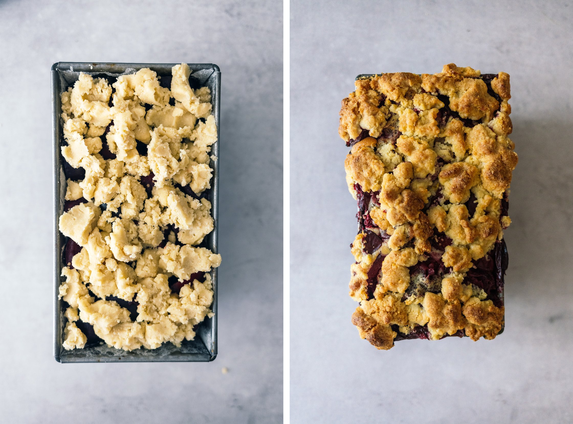 Veganer Mohn-Pflaumen-Kuchen mit Streuseldecke vor und nach dem backen