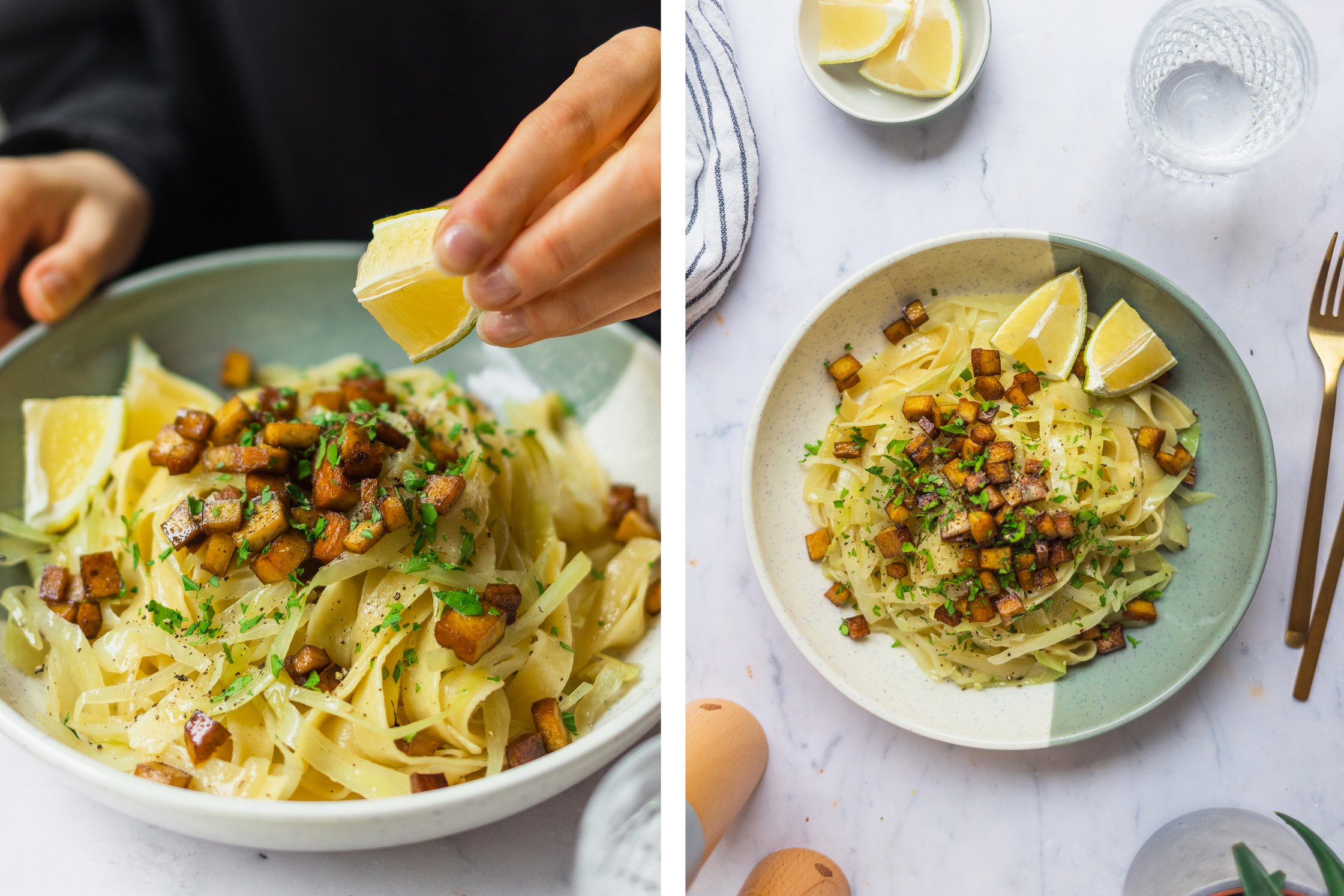 Vegane Kraut-Zwiebel-Nudeln sind auf einem Teller angerichtet vor einem hellen Hintergrund.