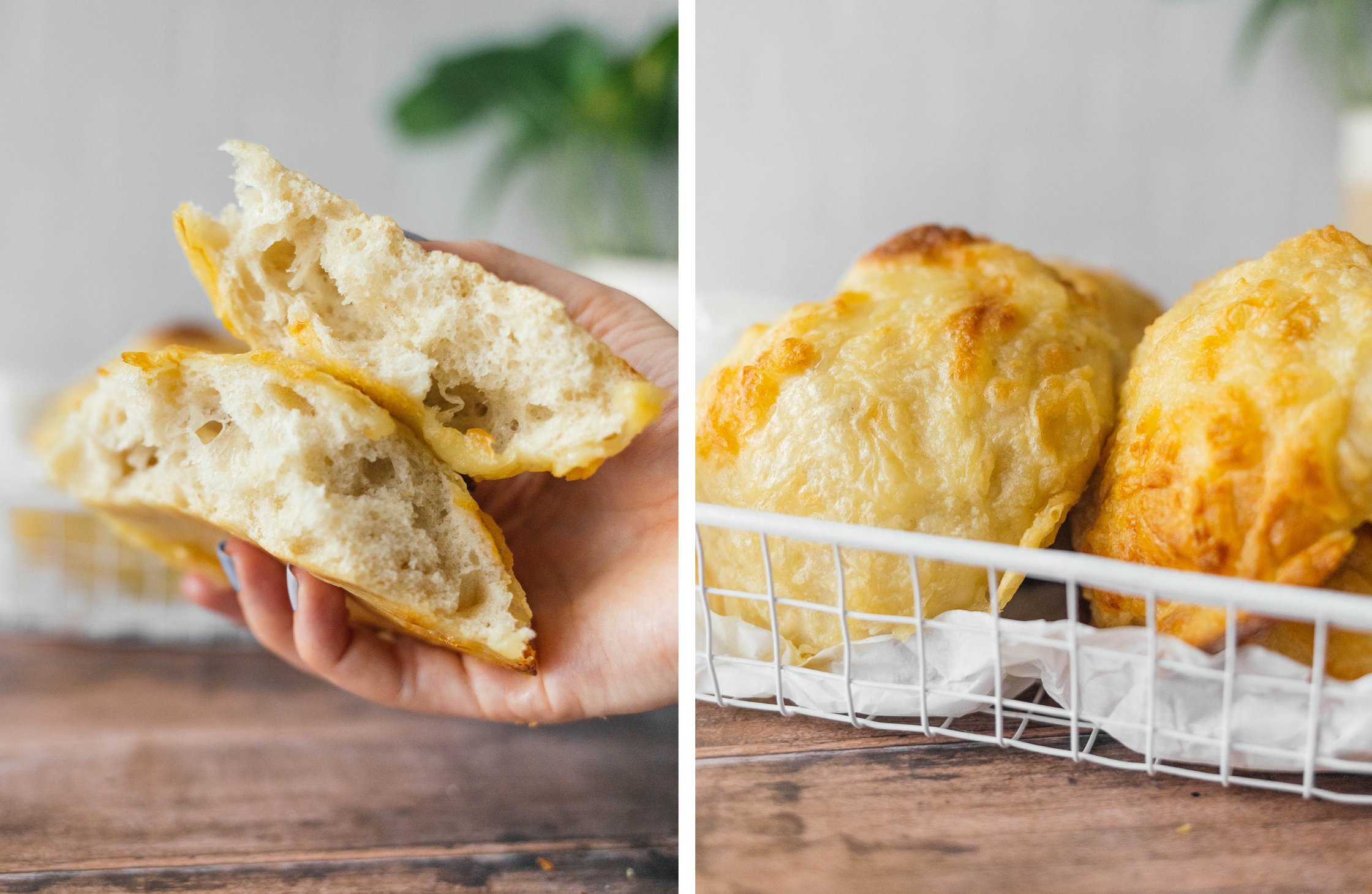 vegane Käsebrötchen aufgeschnitten; vegane Käsebrötchen in einem Korb