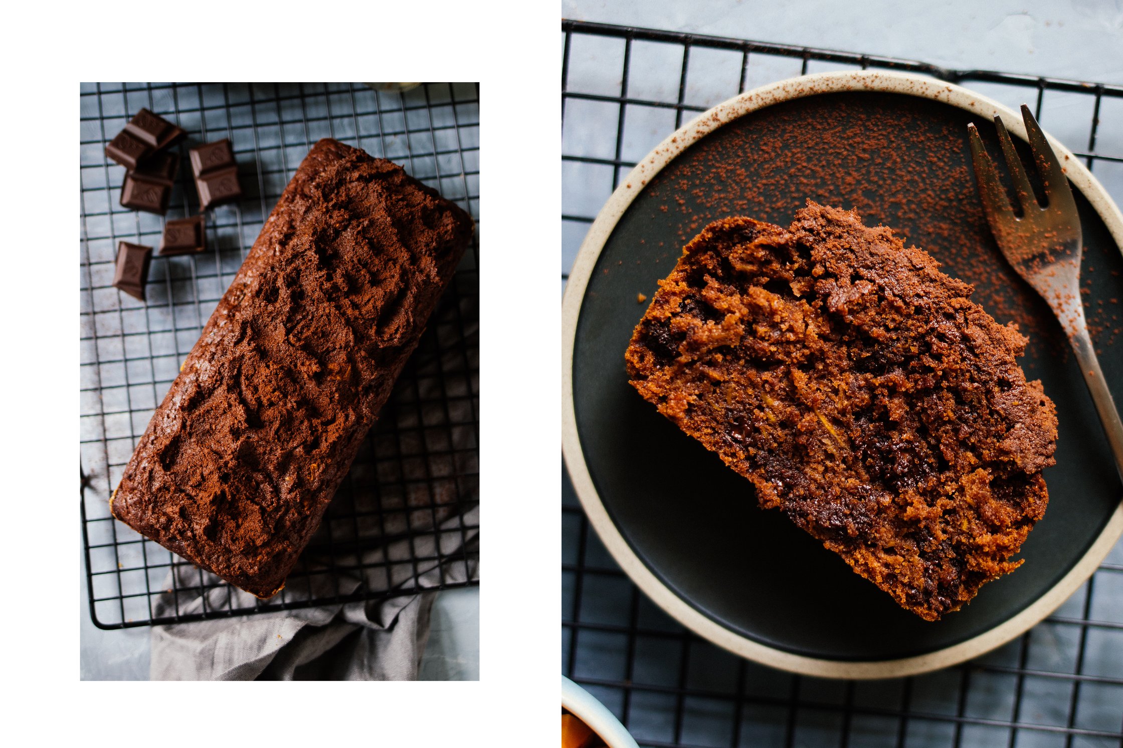 veganer Schokoladenkuchen mit Süßkartoffel auf einem schwarzen Teller