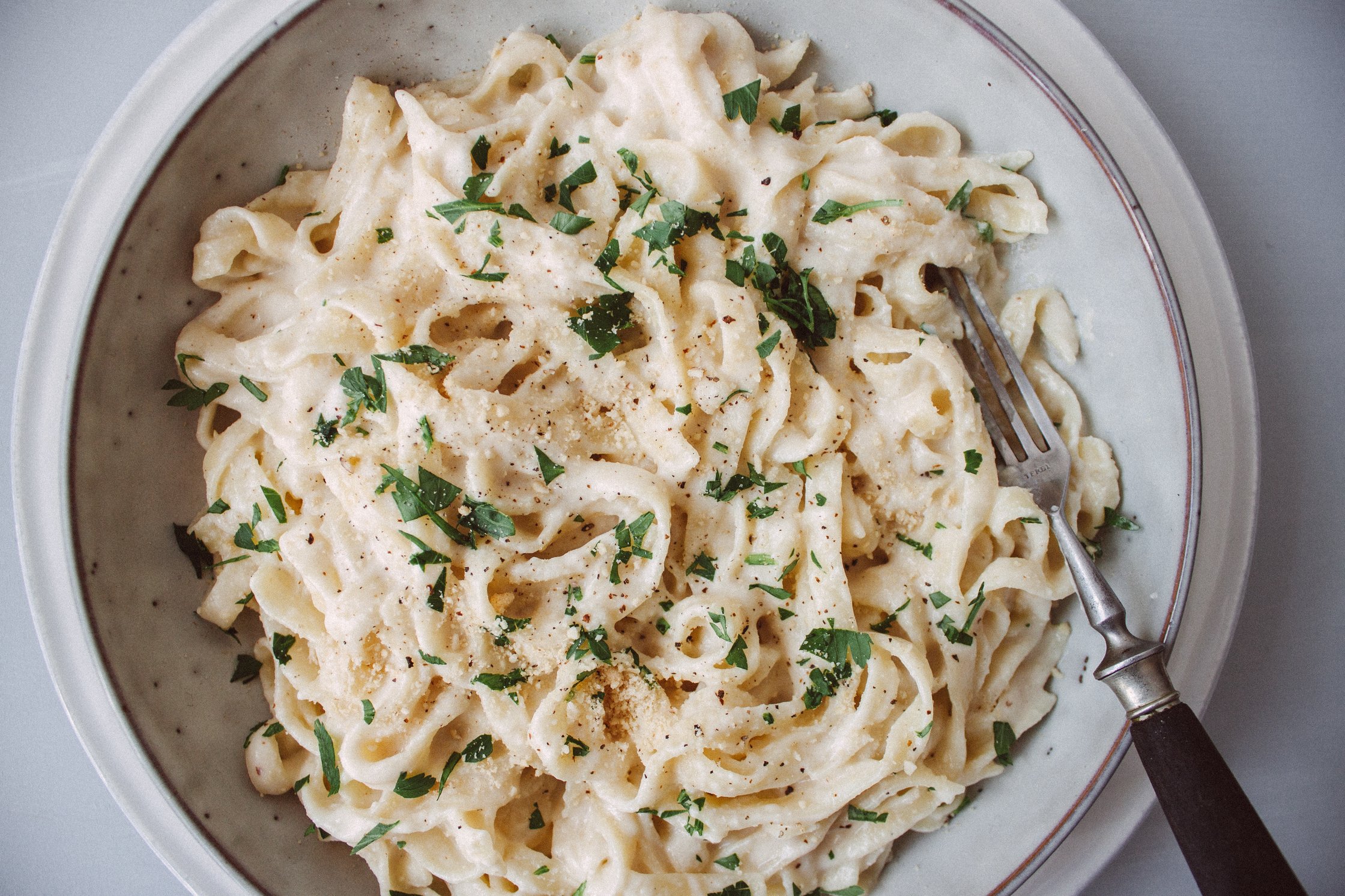 Vegan Fettuccine Alfredo on a plate