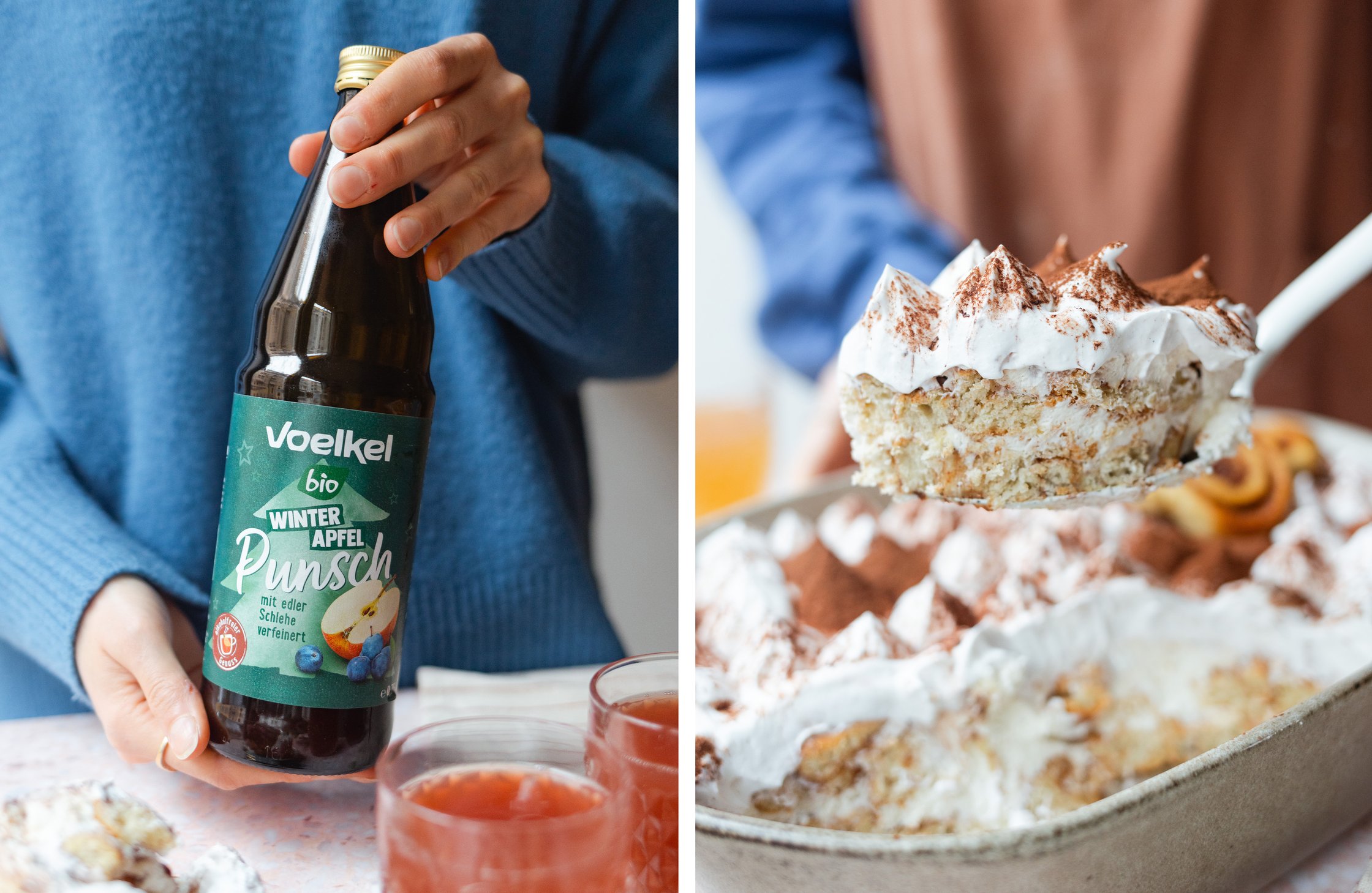 vegan punch from Voelkel; a piece of tiramisu is lifted out of the mold
