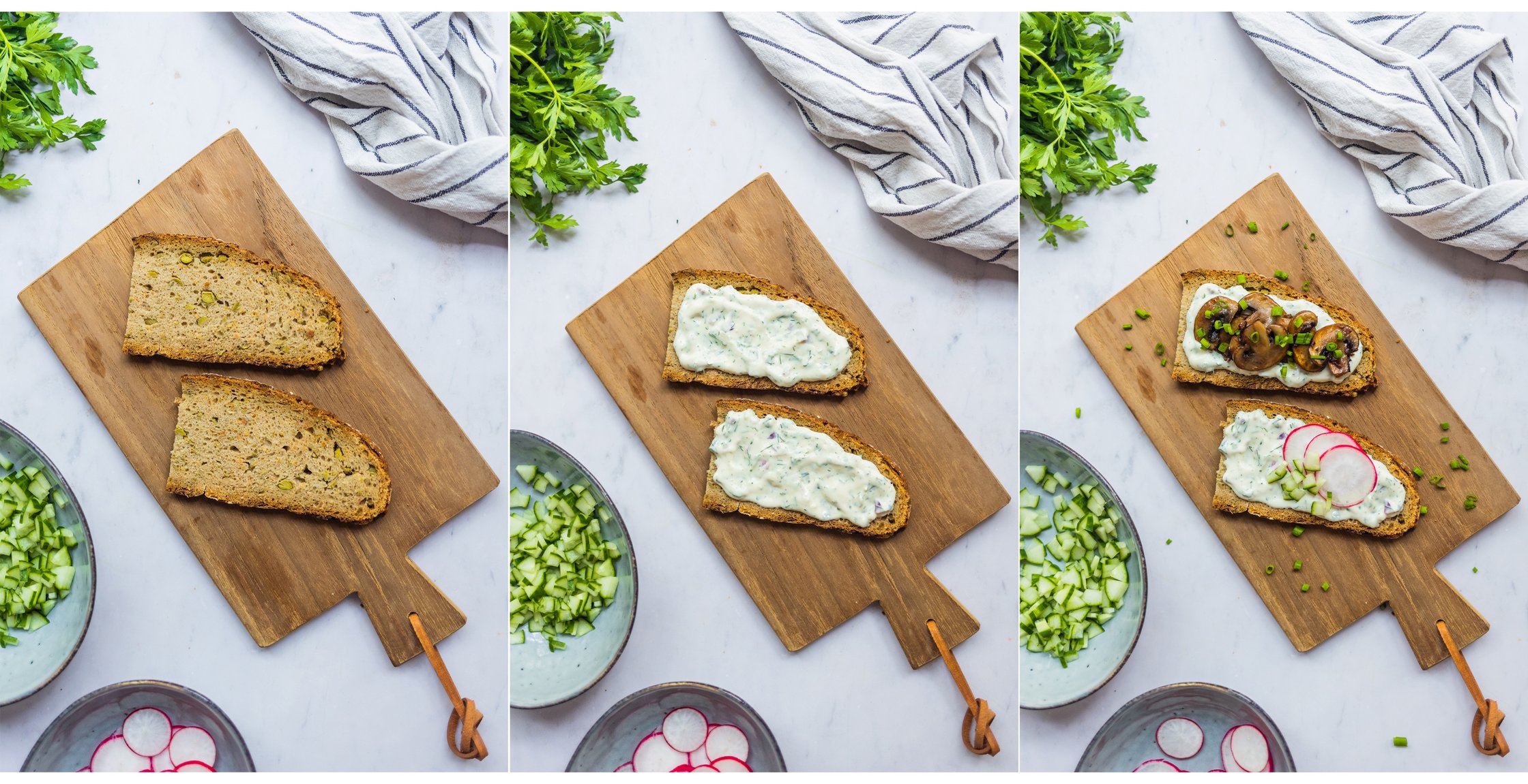 Geschnittene Brotscheiben auf einem Brettchen mit Kräuterquark, Pilzen, Gurke und Radieschen