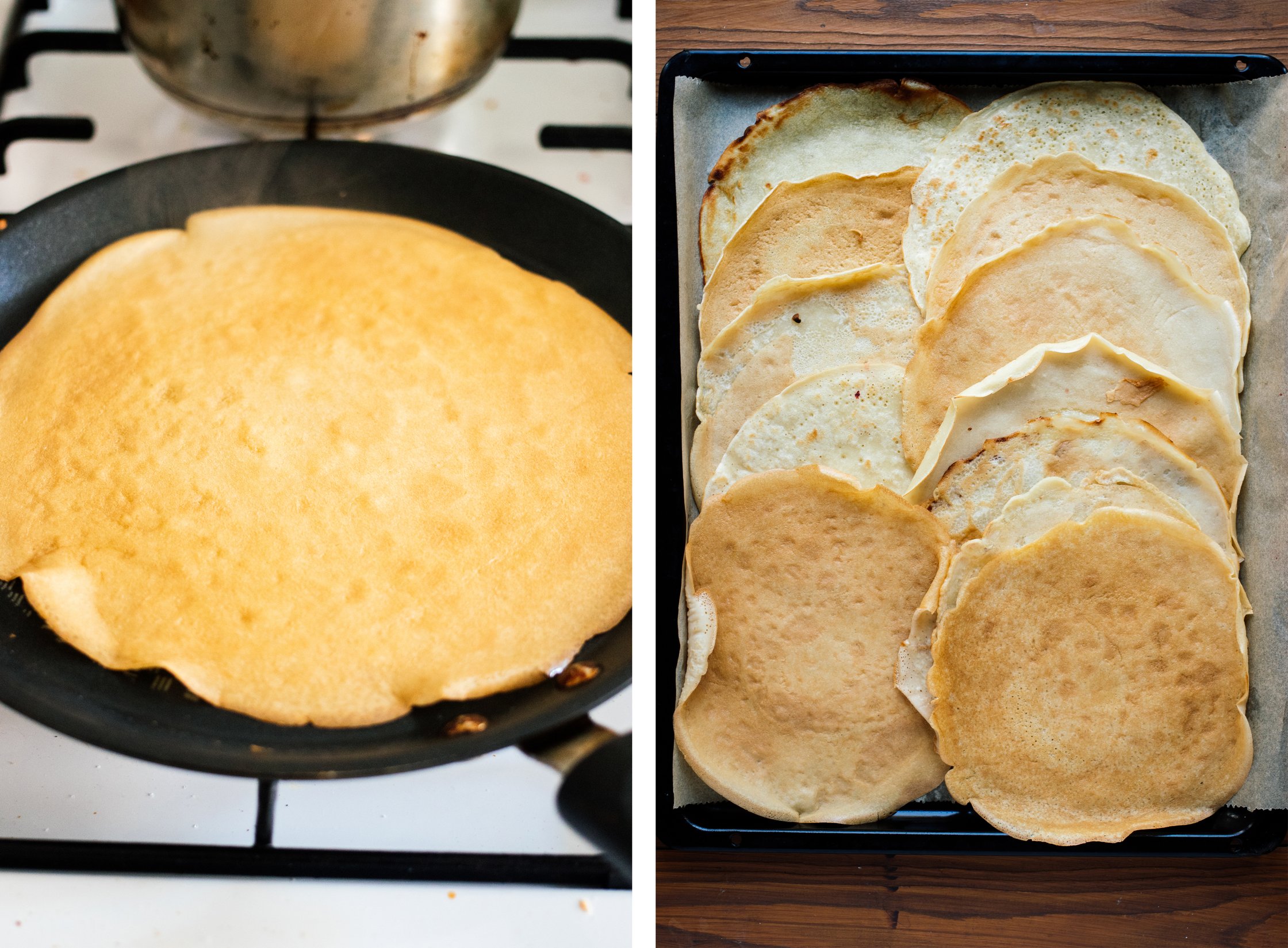 frying crepes for Vegan crêpe cake with strawberries