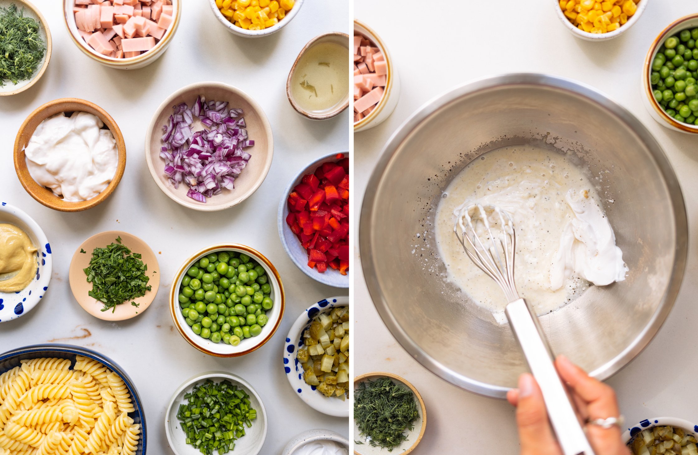 Split image — Left: all ingredients in small bowls. Right: the mayo dressing is being mixed in a bowl.