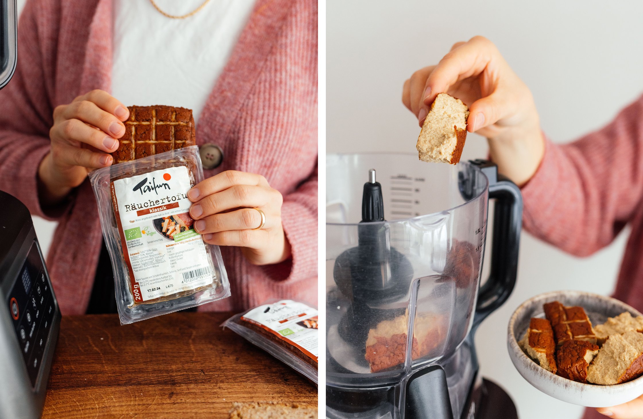 Räuchertofu von Taifun wird in einen Mixer gegeben