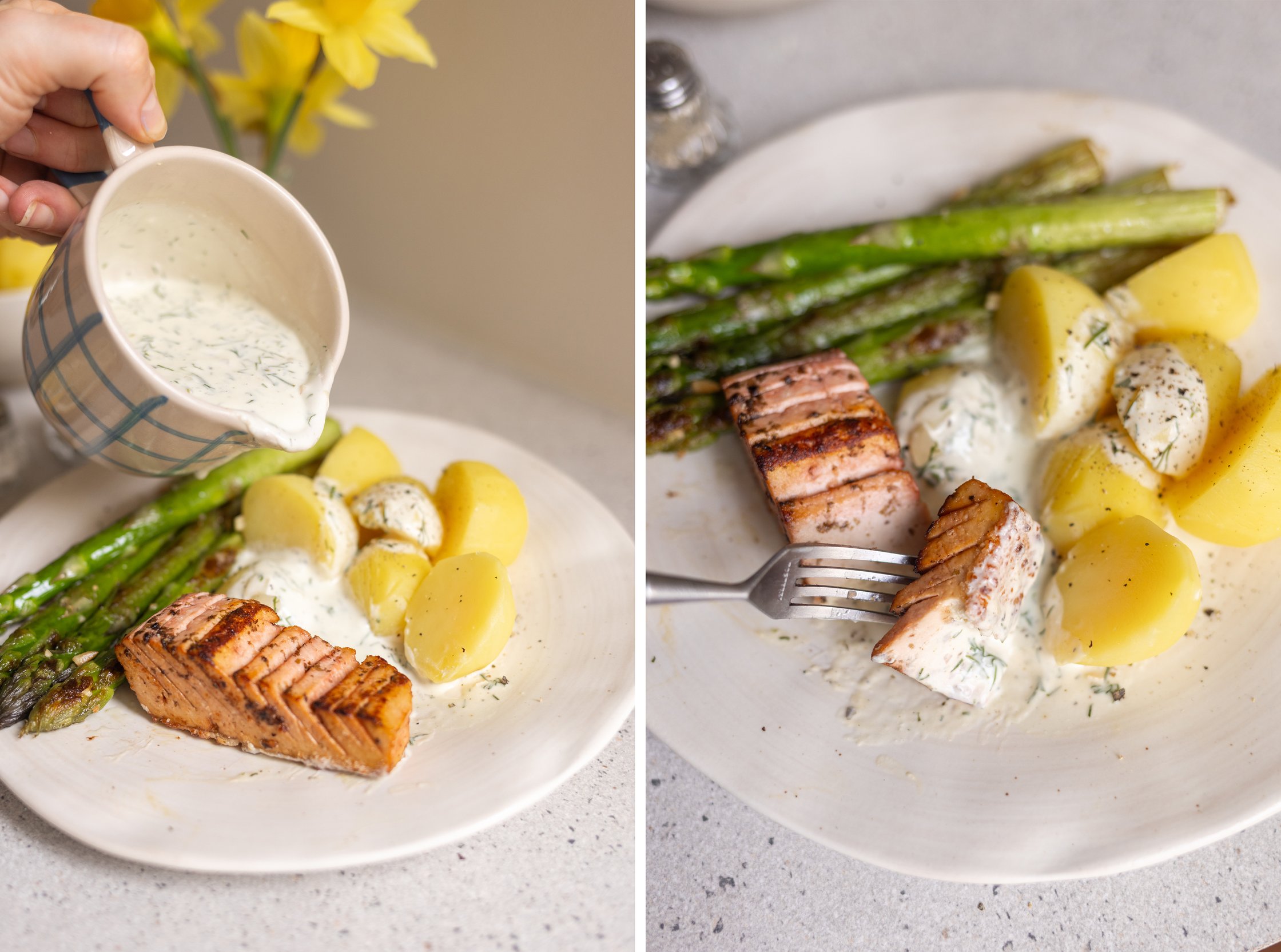 veganer tofu-lachs wird mit dill-sahne-soße übergossen