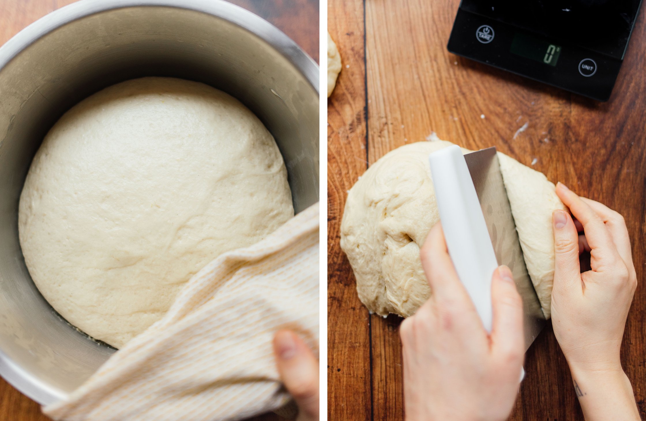 yeast dough for vegan doughnuts; dough is divided into pieces