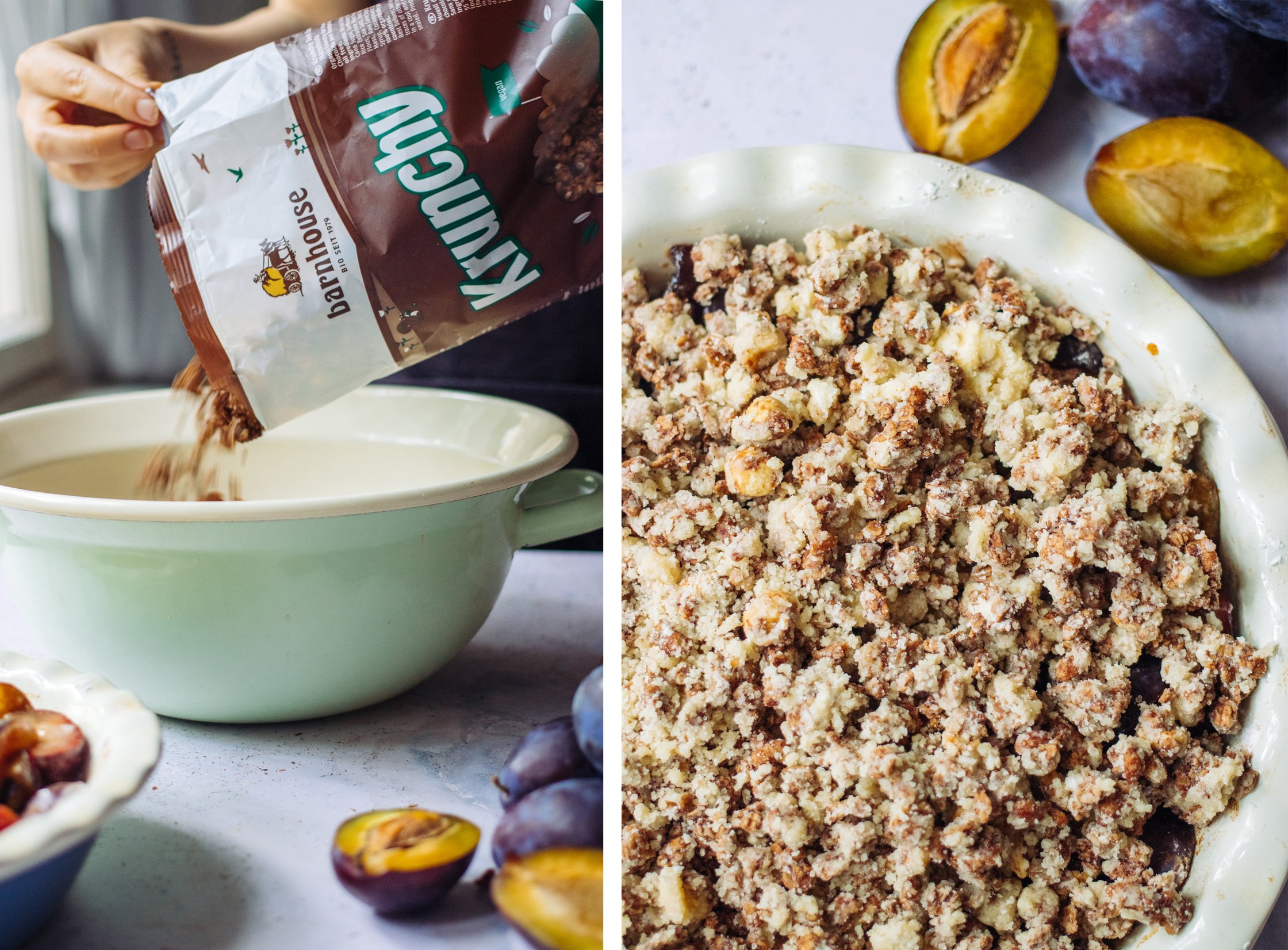 crumble schicht auf zwetschgen geben