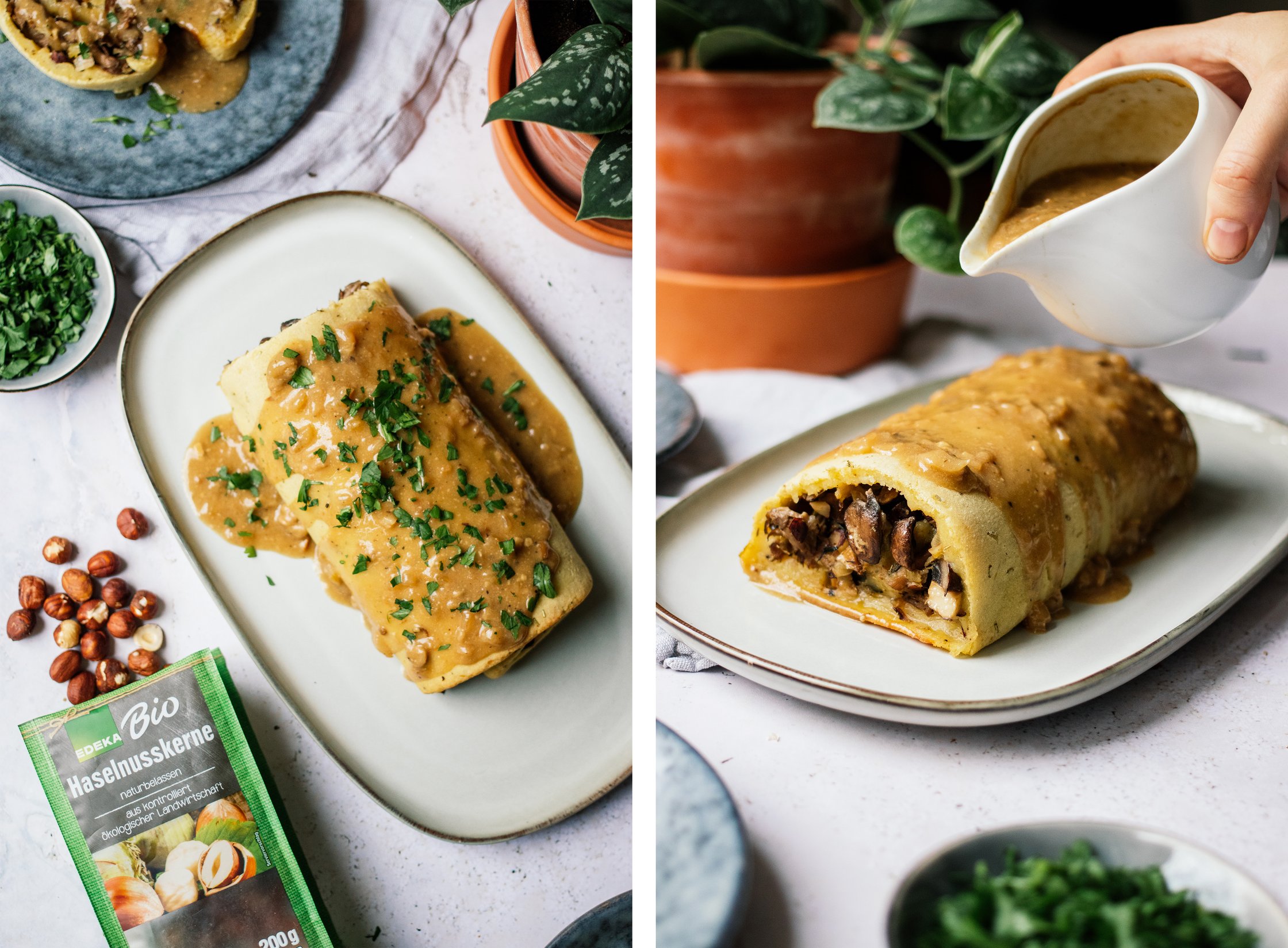 drizzling vegan cream sauce over potato roll