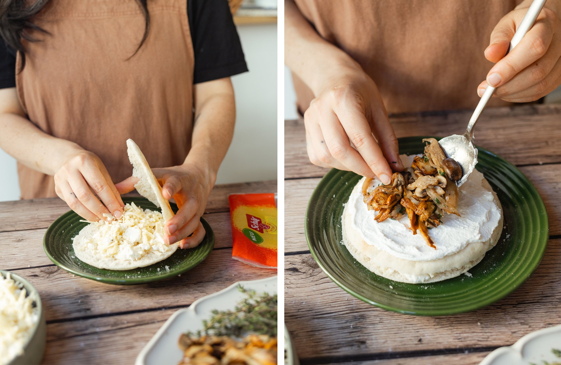 Pitas are filled with cheese and topped with mushrooms