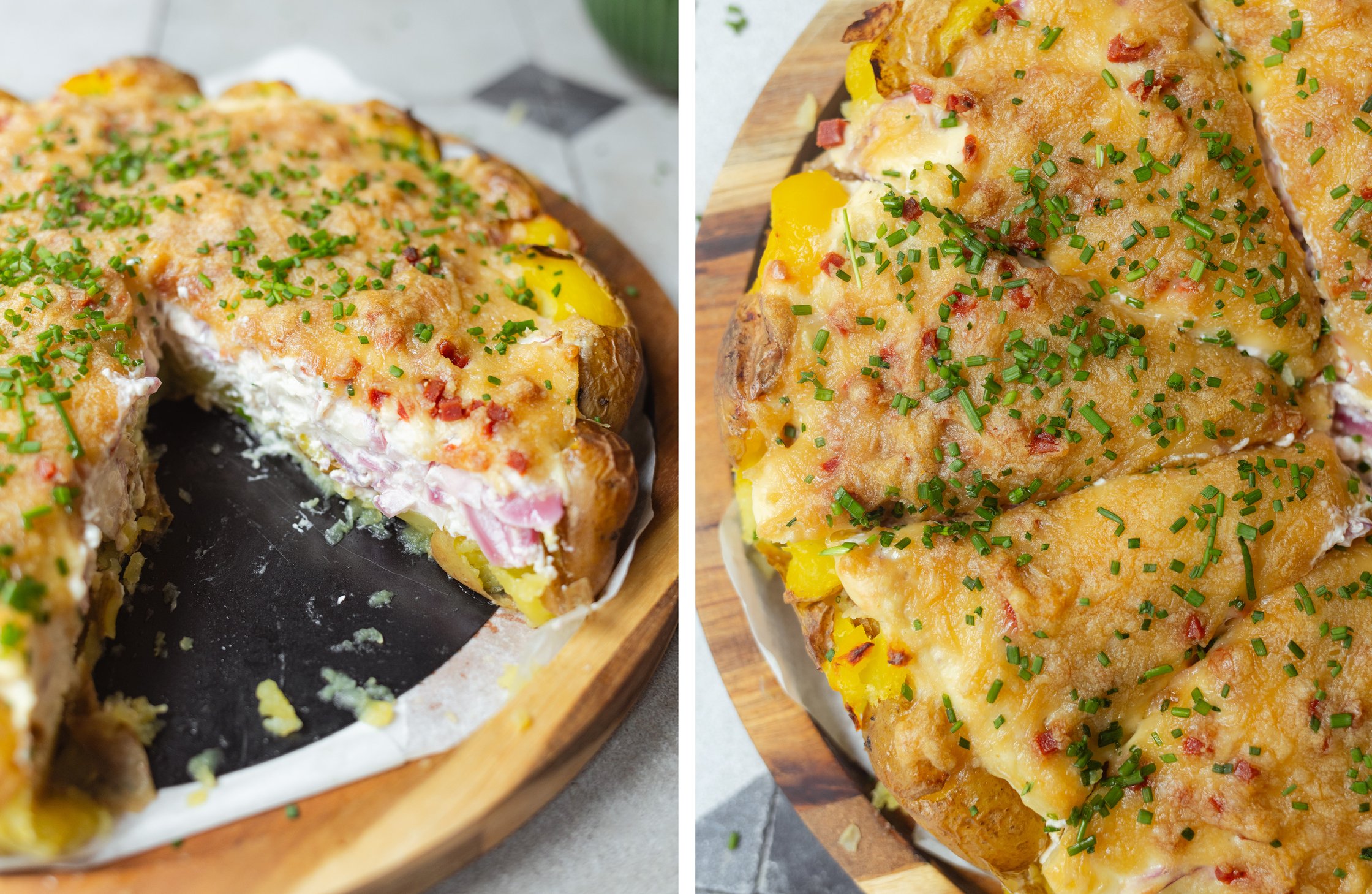 sliced smashed potato tarte and a close-up from above