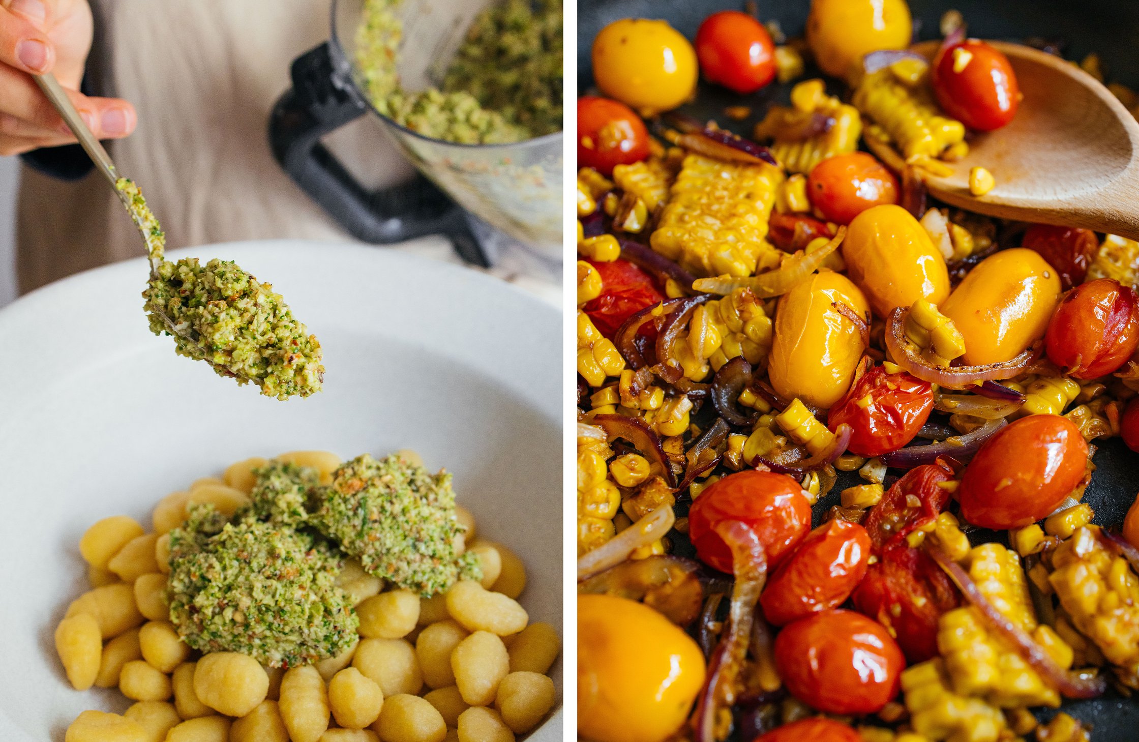 das Brokkolipesto wird zu den Gnocchi gegeben; gebratenes Gemüse in einer Pfanne