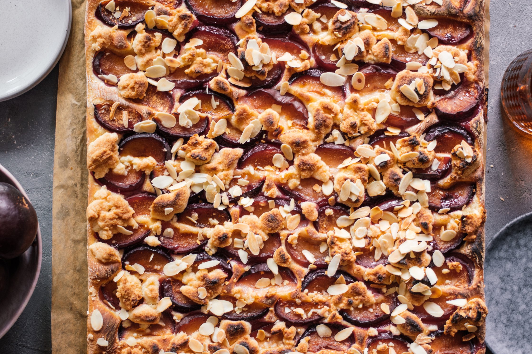 vegan Sheetpan Plum Cake with Yeast Dough and Crumble Topping after baking