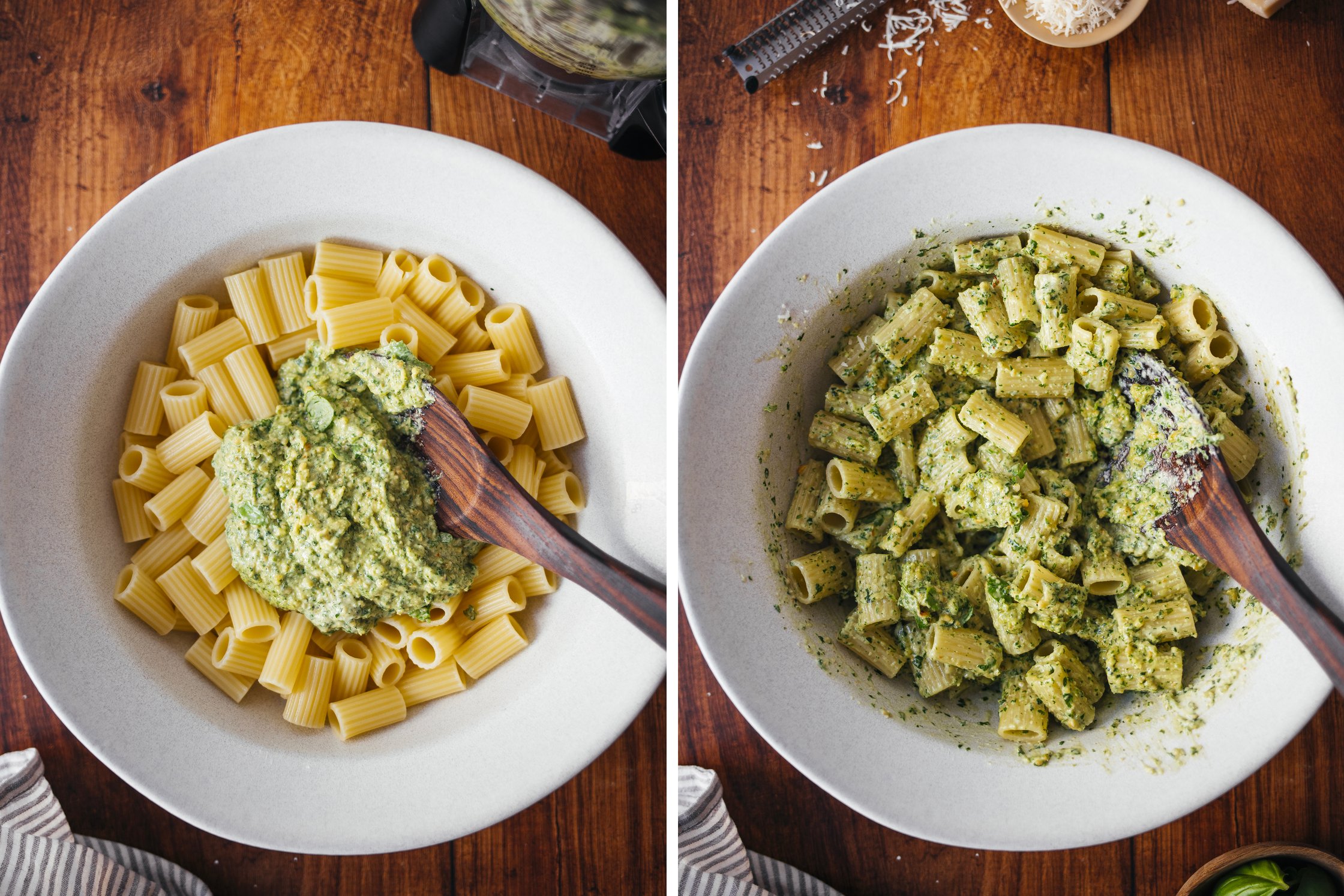 mixing pasta with a vegan homemade green pesto in a bowl
