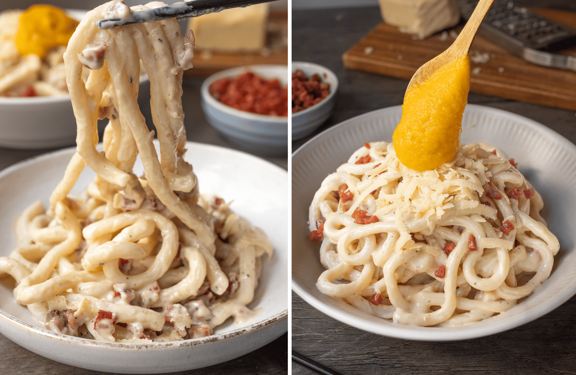 Die Udon Carbonara wird mit Stäbchen gegessen