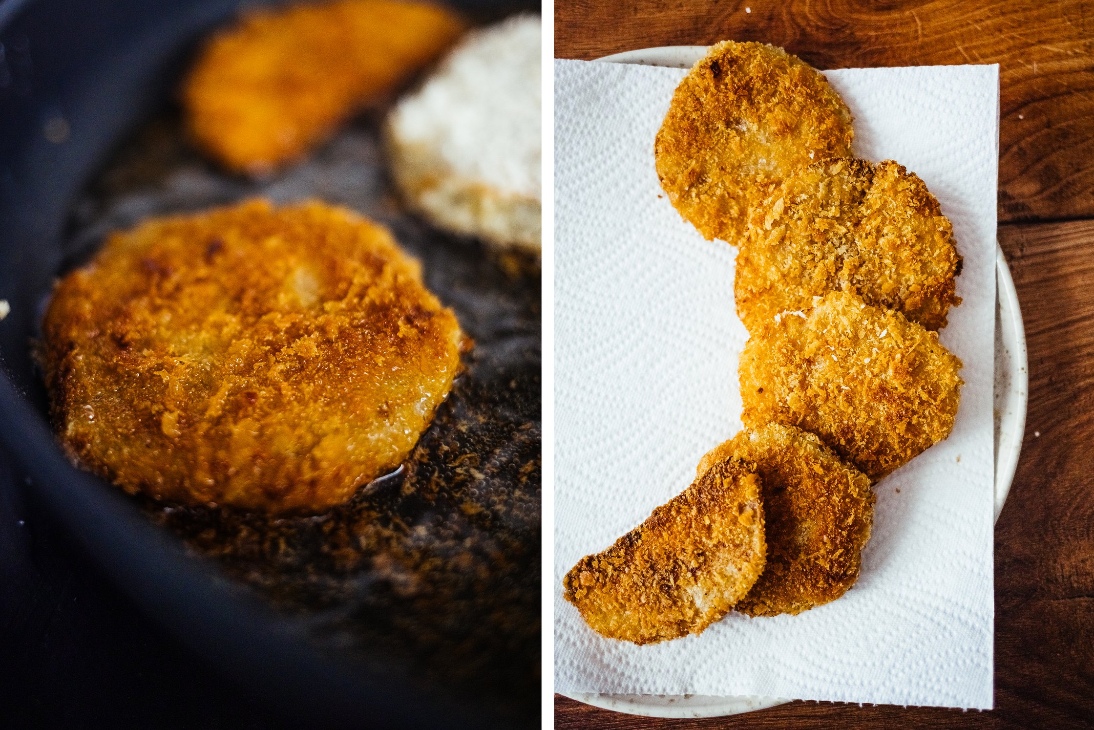 breaded Kohlrabi Schnitzel frying in a pan