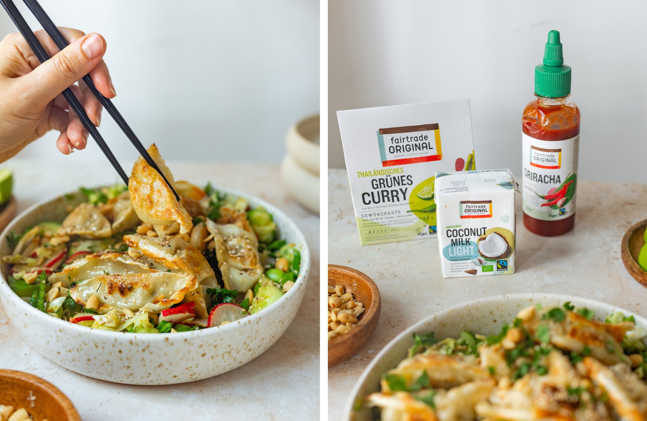 ein Dumpling wird mit Essstäbchen vom Salat genommen; Produkte von fairtrade original