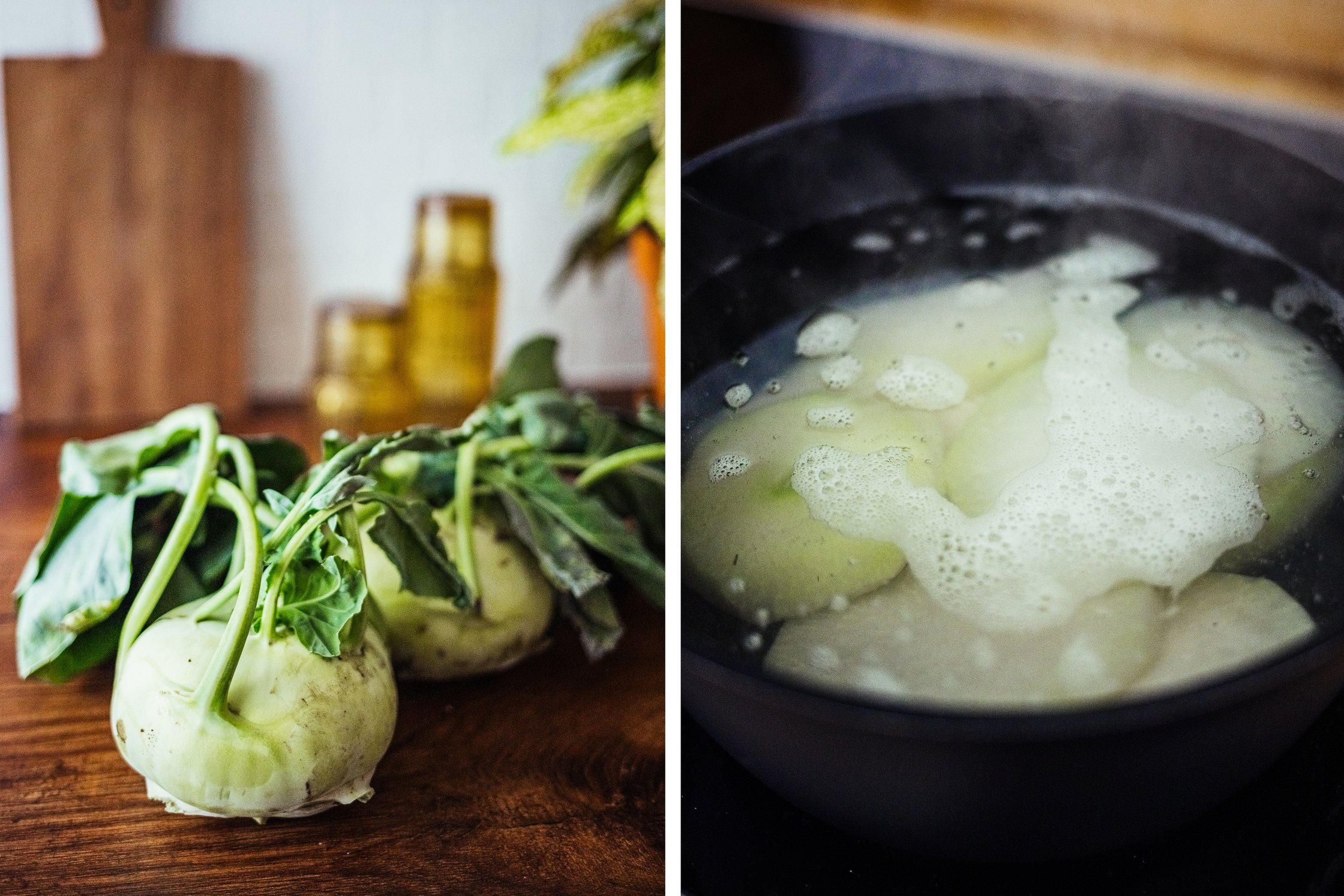boiling kohlrabi slices