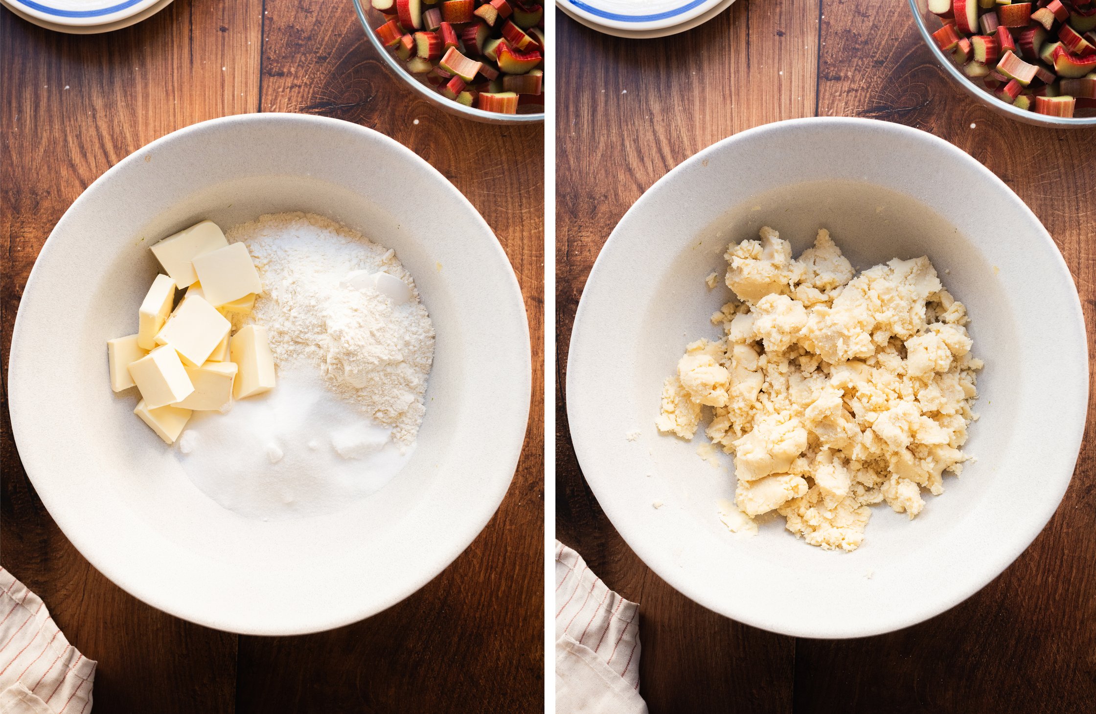 Wir können 2 Schüsseln sehen, in denen Butter Zucker und Mehl vermengt werden sollen. In der linken Schüssel sind die Zutaten