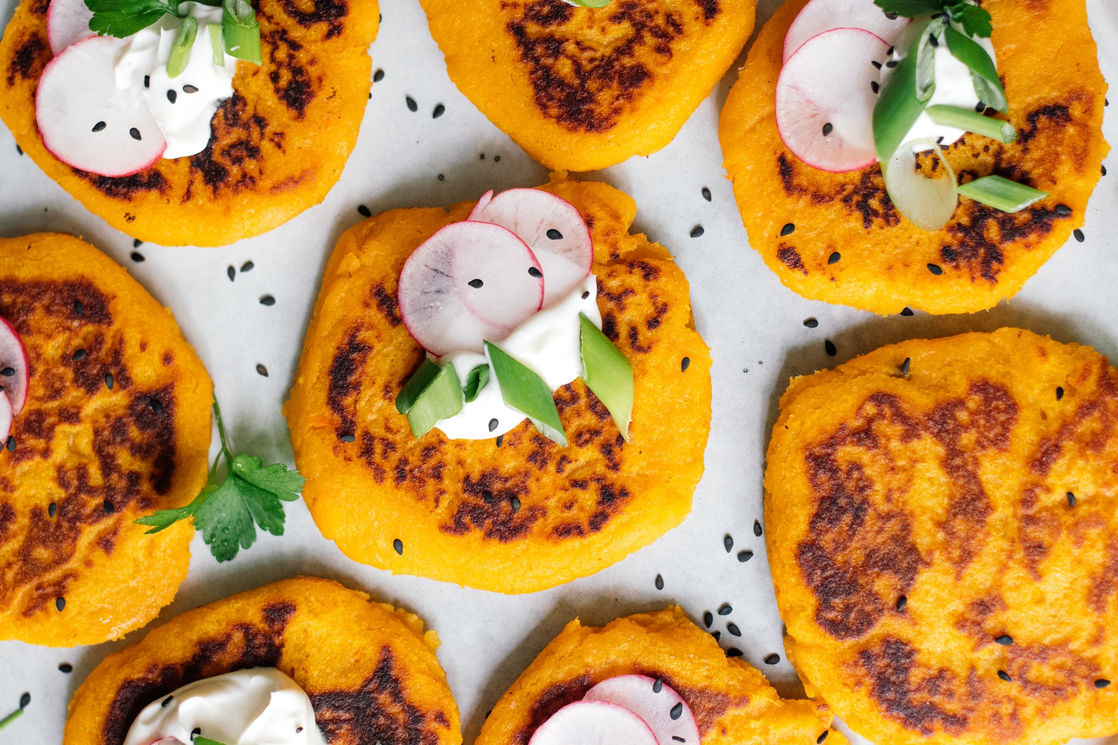 closeup of vegan sweet potato pancakes