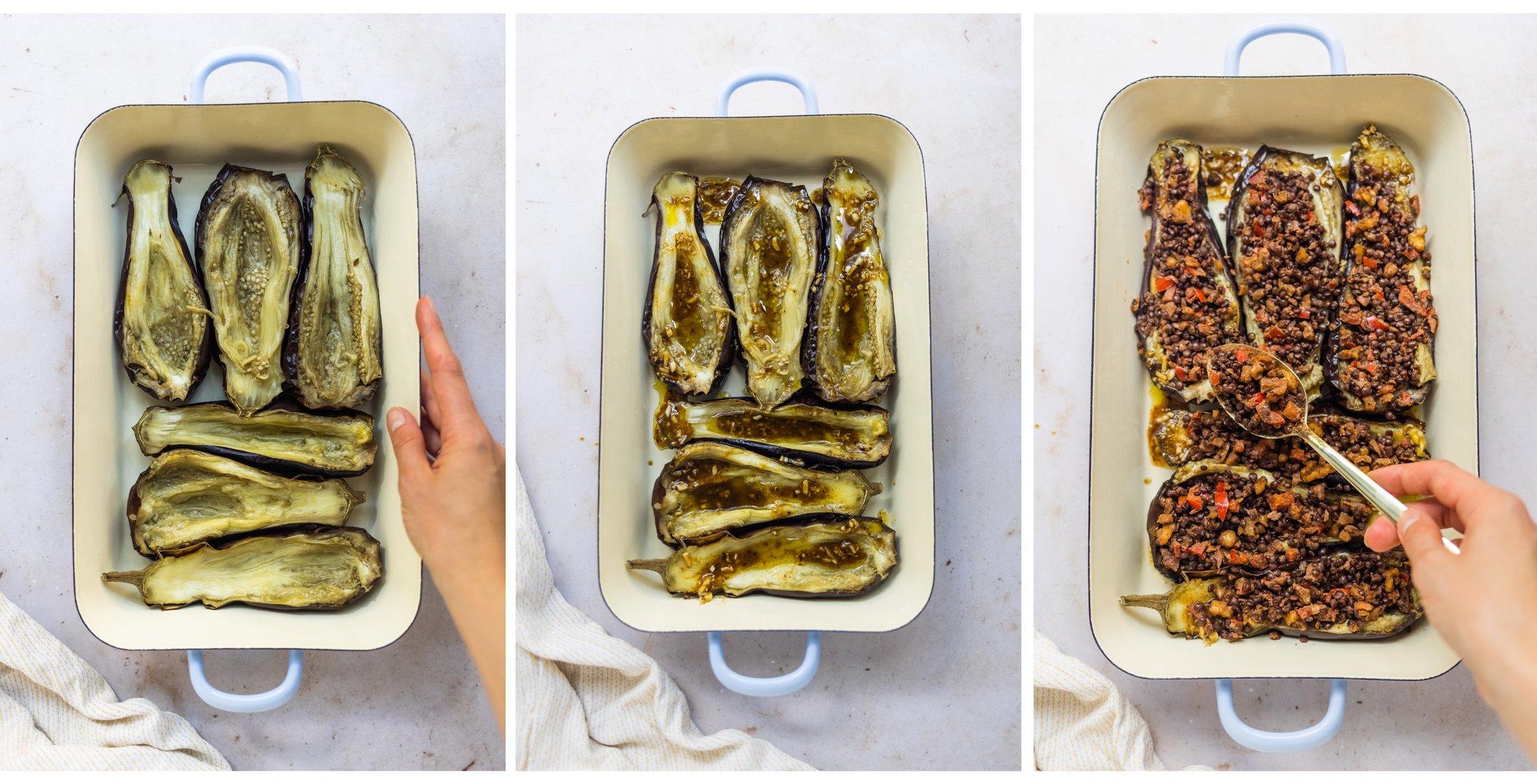 Aubergine in einer Backform, mit Marinade und mit Linsen-Walnuss-Paprika-Hack