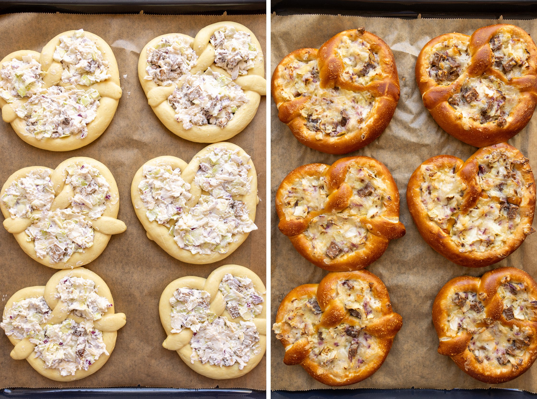 gefüllte krautbrezeln vor und nach dem backen auf einem backblech