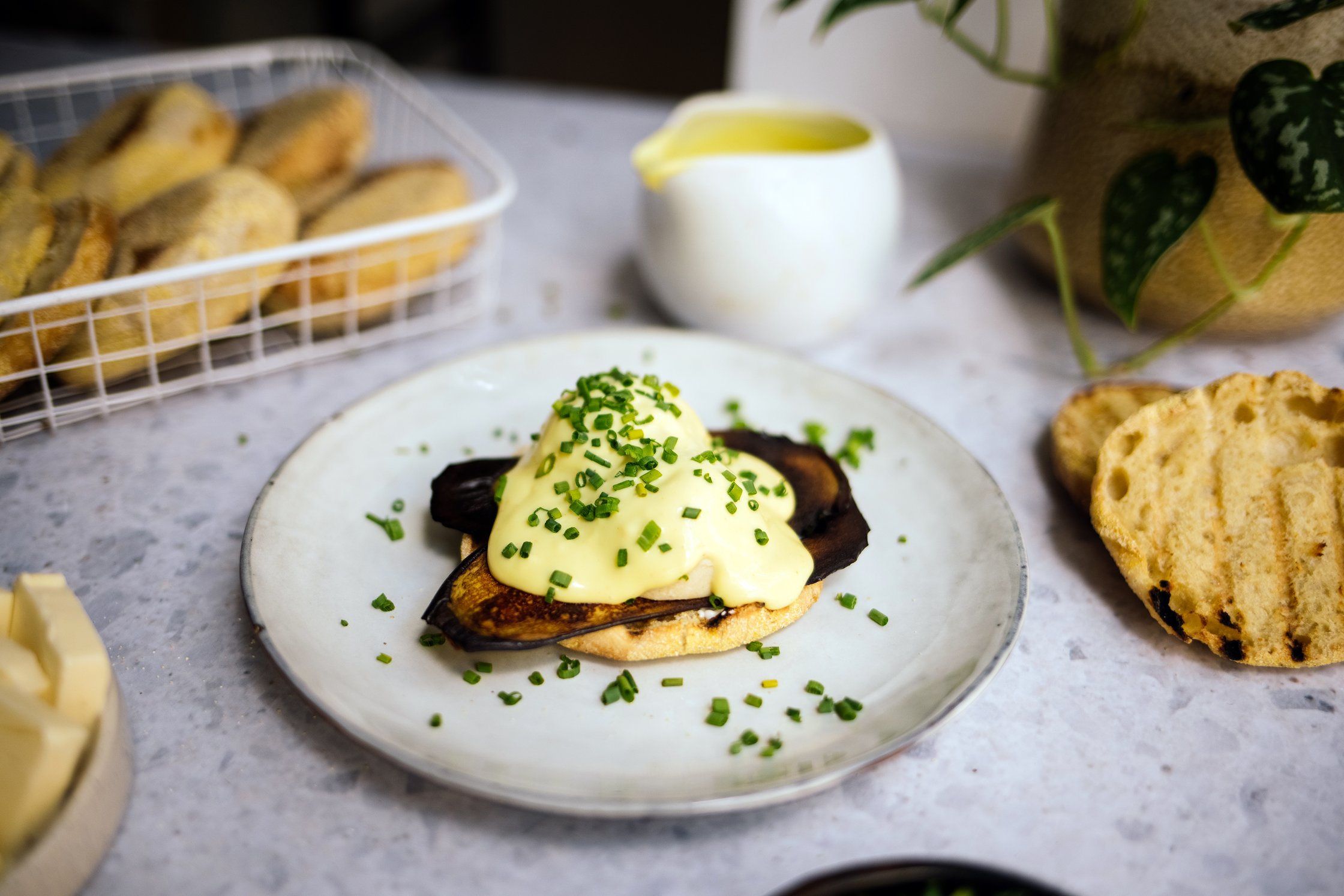 sideshot of vegan eggs benedict