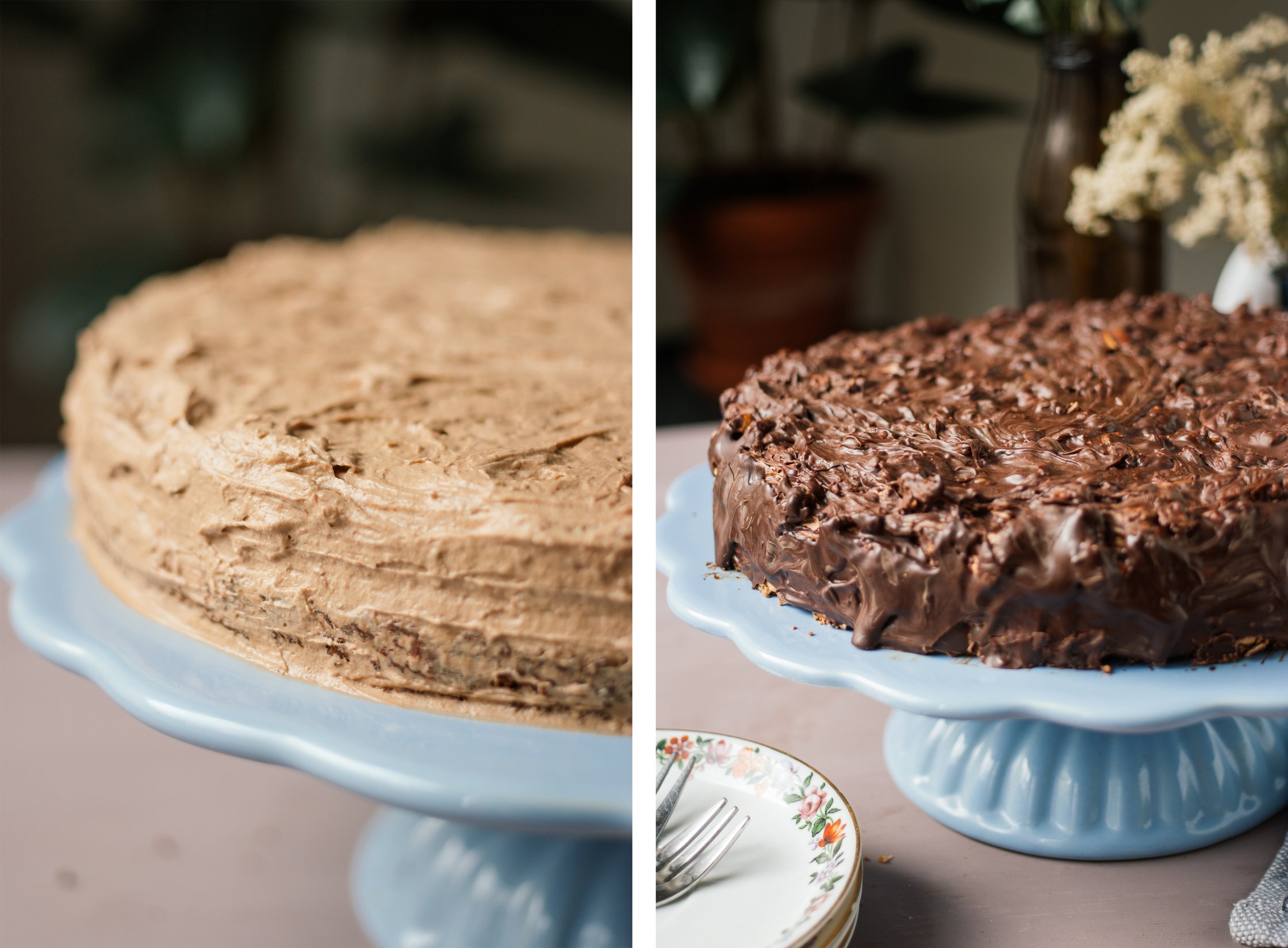 vegane mandeltorte vor und nach dem überziehen mit schokolade