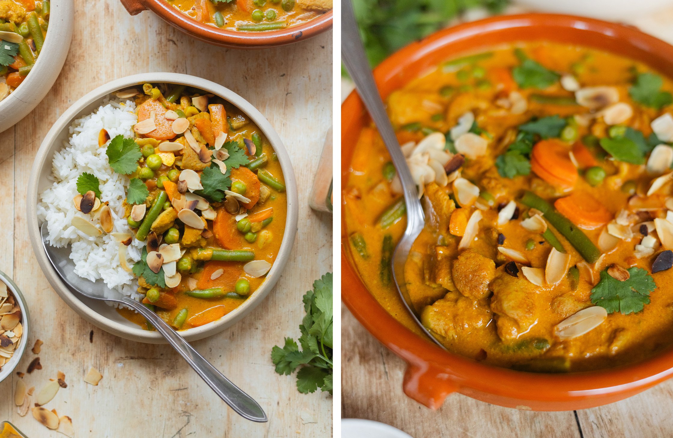 vegan korma with rice and vegetables served in bowls