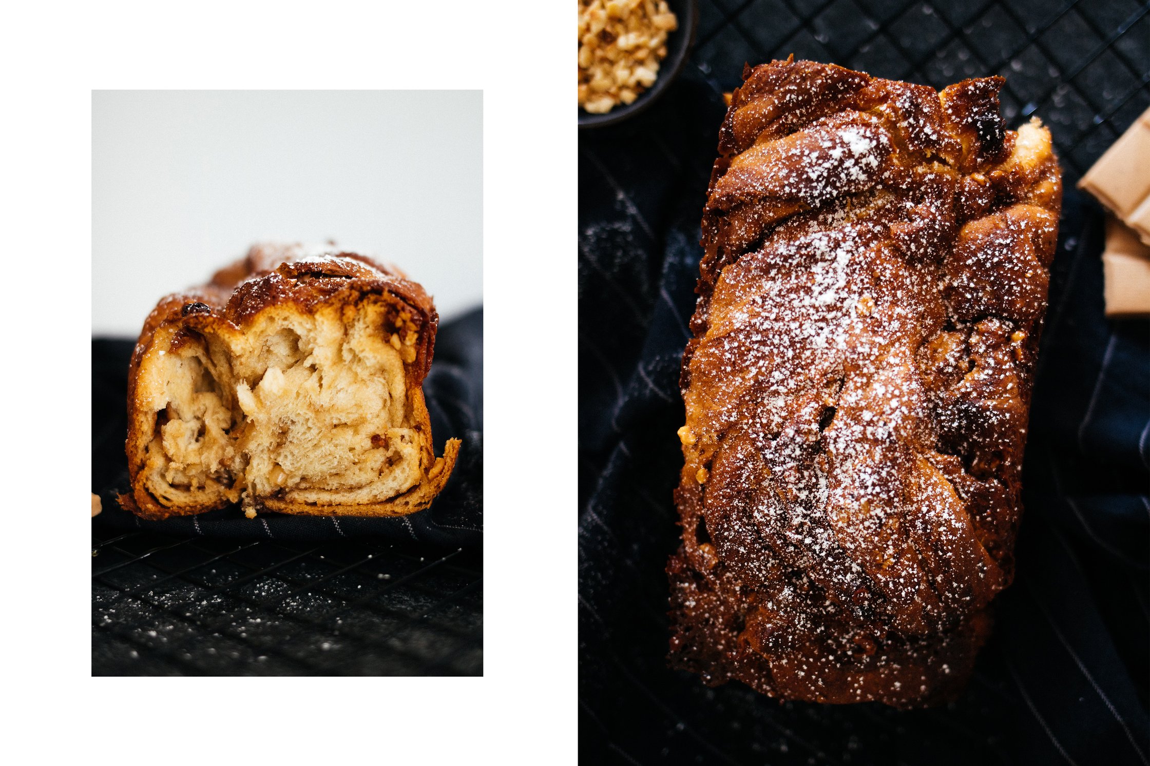 vegan babka fresh from the oven and topped with icing sugar