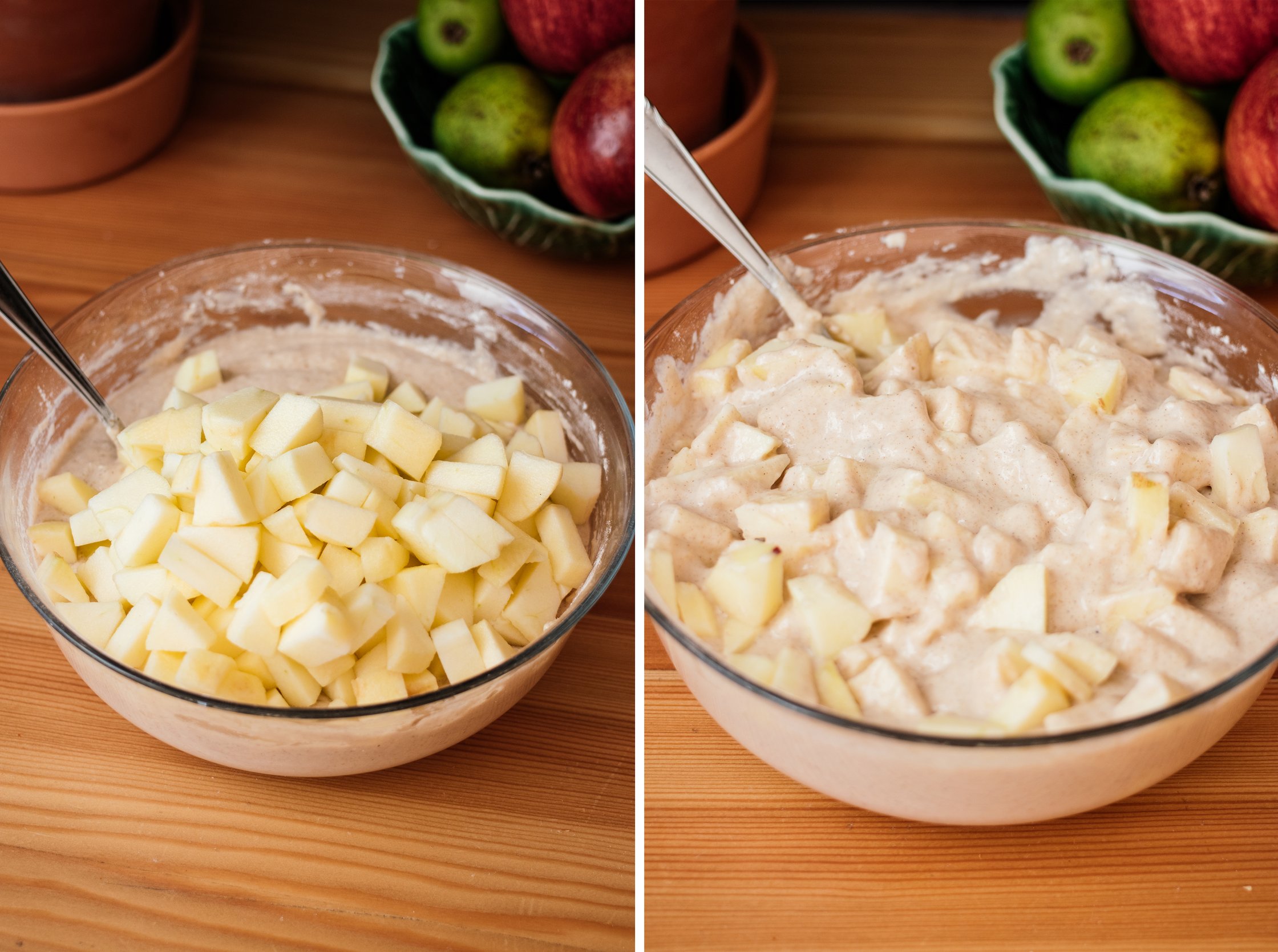 adding apples to the batter for vegan apple fritters