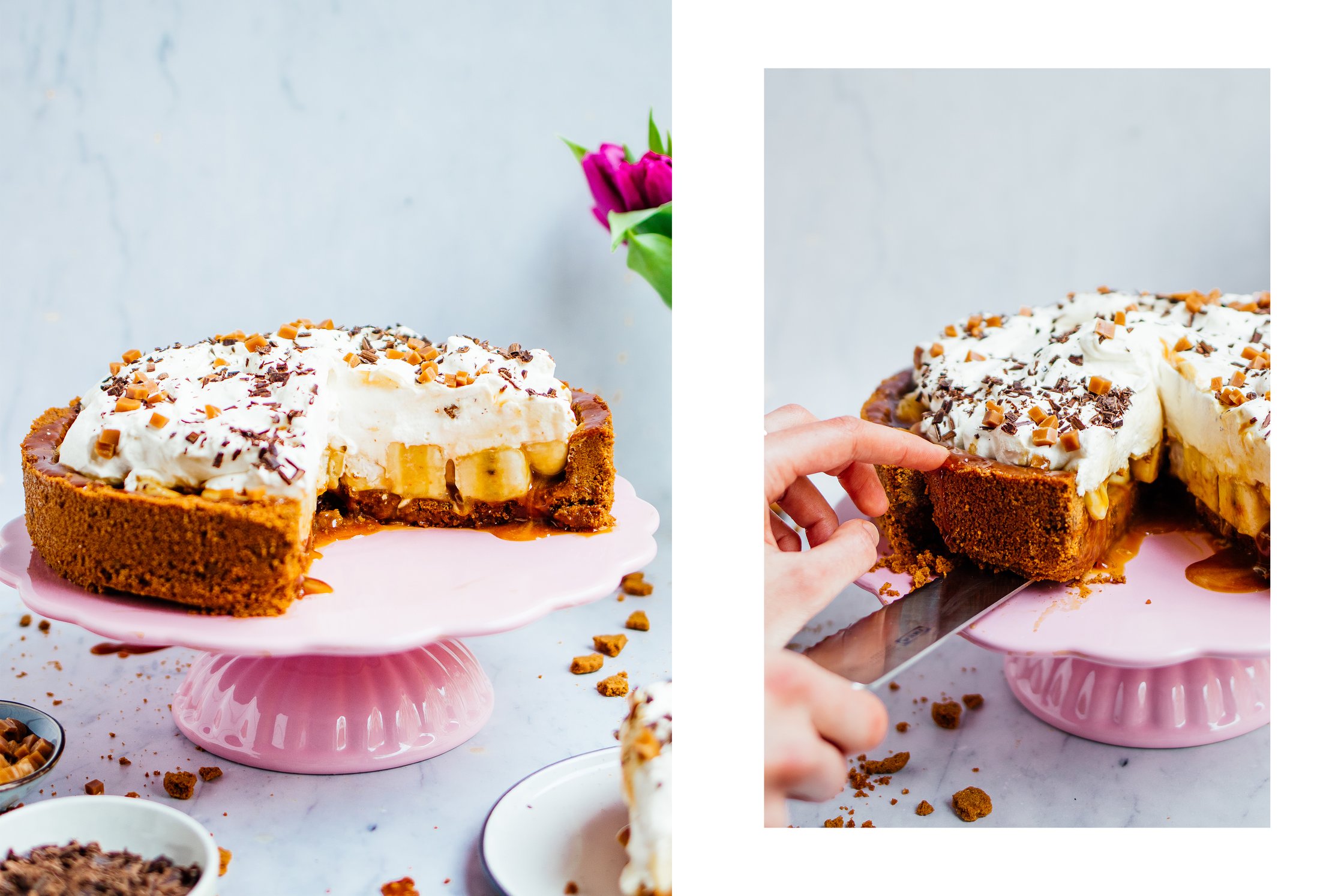 Vegan Bann banoffee pie on a cake platter and on a plate