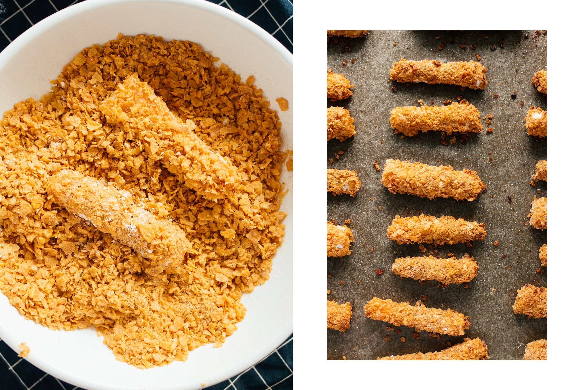 Gemüsesticks werden mit Cornflakes paniert