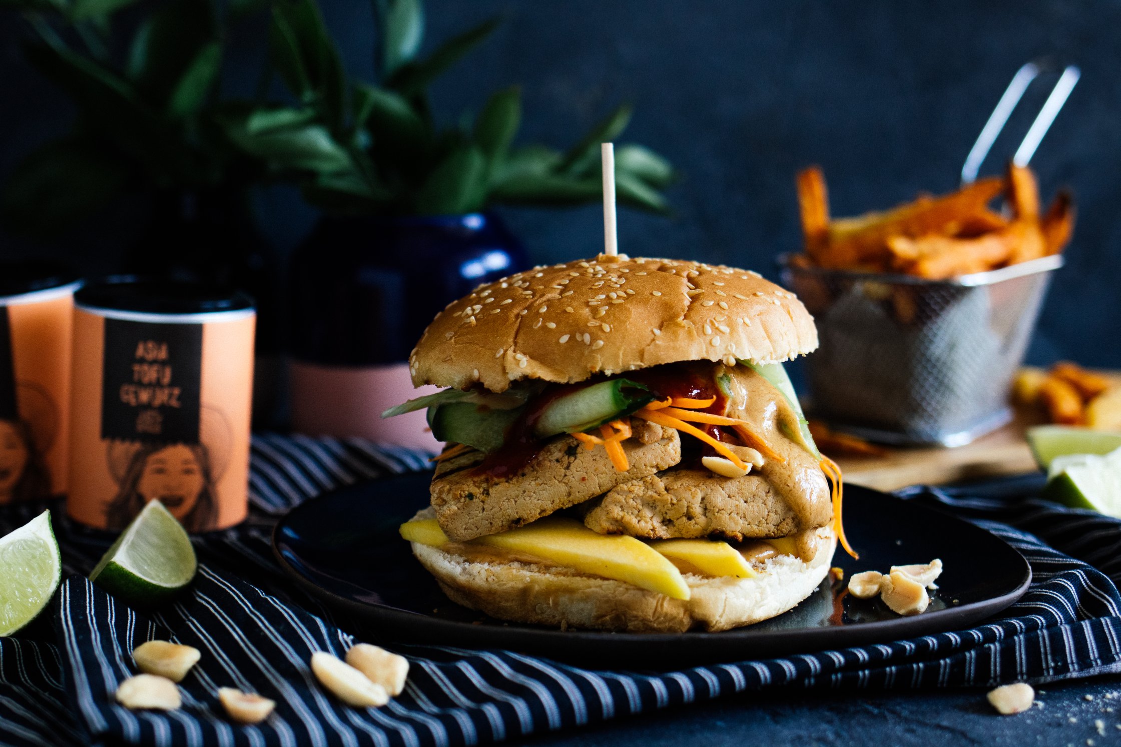 vegan tofu burger with peanut sauce