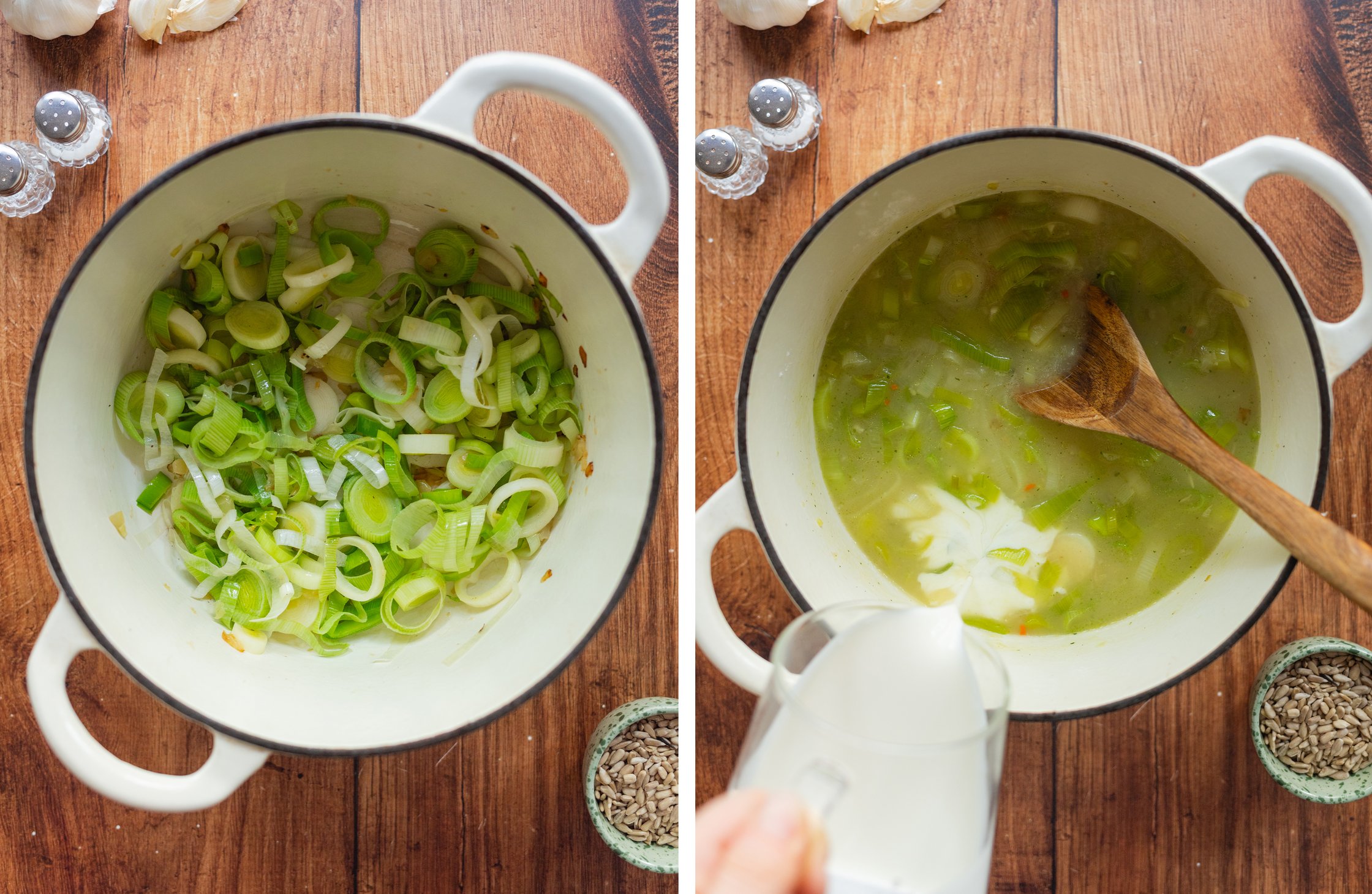 gebratener Lauch in einem Topf; vegane Sahne wird zur Suppe gege