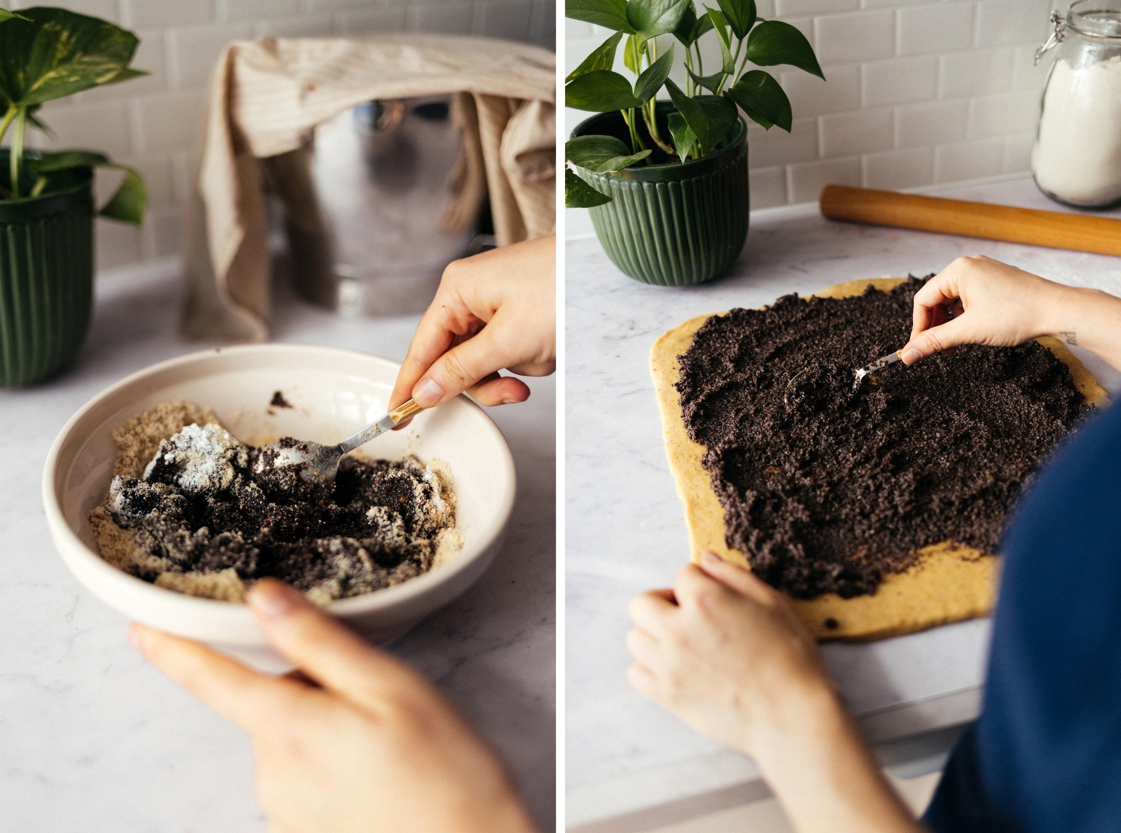 mixing and spreading poppyseed filling on vegan dough and stollen cake