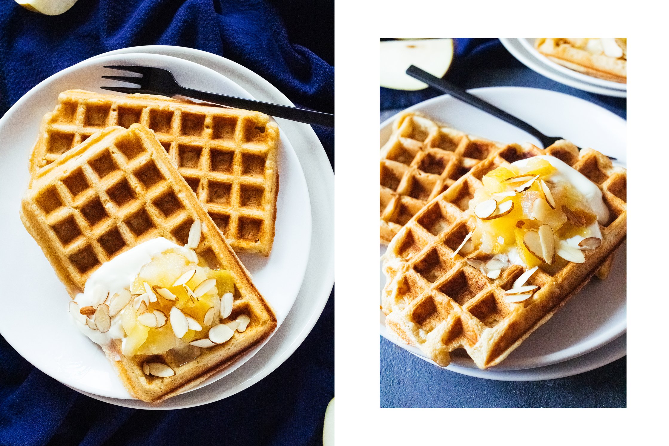 fresh vegan oat waffles on white plates